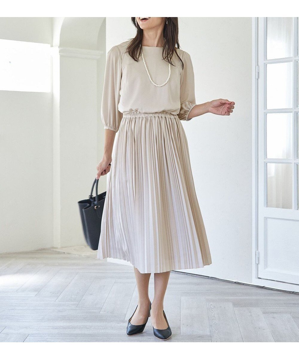 【エニー/ANY】の【洗える/ウエストゴム】プリーツワンピース インテリア・キッズ・メンズ・レディースファッション・服の通販 founy(ファニー) 　ファッション　Fashion　レディースファッション　Fashion for Women　ワンピース　Dresses　おすすめ　Recommended / Our Picks　サテン　Satin, Glossy Fabric　ジャケット　Jacket, Outerwear　プリーツ　Pleats, Pleated　ワッシャー　Washer, Crinkled Finish　エレガント 上品　Elegant　夏　Summer　春　Spring　S/S・春夏　SS, Spring/Summer, Warm Season　洗える　Machine Washable　ベージュ|ID: prp329100004743872 ipo3291000000034282845