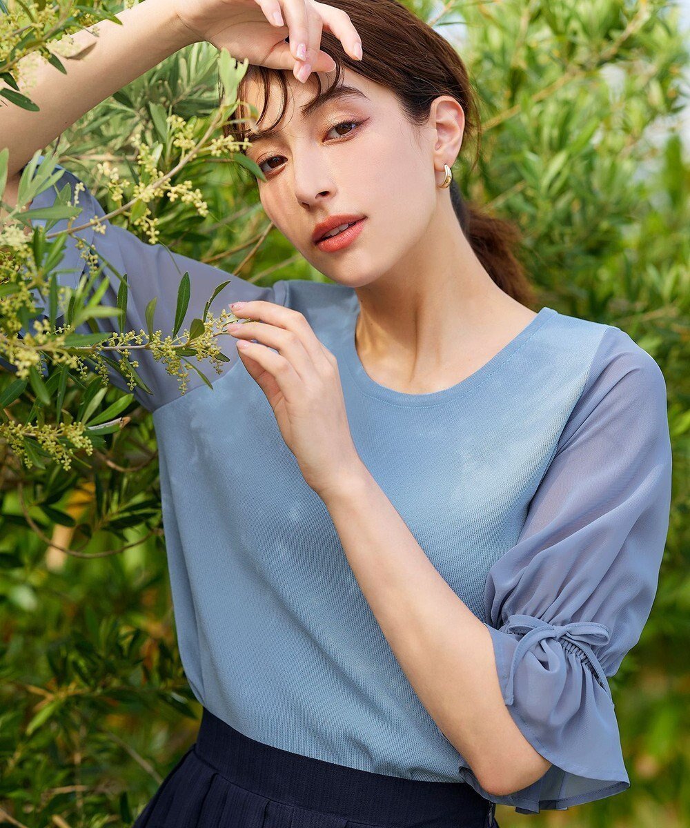 【ティアクラッセ/Tiaclasse】の【洗える】キャンディースリーブニットトップス インテリア・キッズ・メンズ・レディースファッション・服の通販 founy(ファニー) 　ファッション　Fashion　レディースファッション　Fashion for Women　トップス・カットソー　Cut & Sew Tops　ニット　Knit Tops & Sweaters　ウォッシャブル　Machine Washable　春　Spring　洗える　Machine Washable　秋　Autumn　ギャザー　Gathered, Ruffled　サマー　Summer, Summer Style　シフォン　Chiffon, Lightweight Fabric　スリーブ　Sleeve, Long Sleeve / Short Sleeve　セーター　Sweater, Knitwear　チュニック　Tunic, Long Top　ドッキング　Docking, Mixed Material　フェミニン　Feminine, Girly　ポケット　Pocket, Pocket Detail　無地　Plain, Solid Color　ラウンド　Round, Round Neck　リボン　Ribbon, Bow　S/S・春夏　SS, Spring/Summer, Warm Season　再入荷　Restock / Back in Stock　夏　Summer　新作・新入荷　New Arrivals / New In　ビジネス 仕事 通勤　Business / Work / Commuting　サックス|ID: prp329100004745323 ipo3291000000036153498