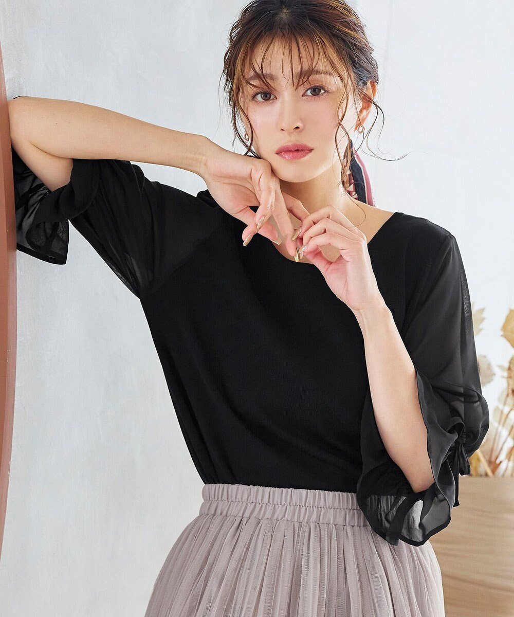 【ティアクラッセ/Tiaclasse】の【洗える】キャンディースリーブニットトップス インテリア・キッズ・メンズ・レディースファッション・服の通販 founy(ファニー) 　ファッション　Fashion　レディースファッション　Fashion for Women　トップス・カットソー　Cut & Sew Tops　ニット　Knit Tops & Sweaters　ウォッシャブル　Machine Washable　春　Spring　洗える　Machine Washable　秋　Autumn　ギャザー　Gathered, Ruffled　サマー　Summer, Summer Style　シフォン　Chiffon, Lightweight Fabric　スリーブ　Sleeve, Long Sleeve / Short Sleeve　セーター　Sweater, Knitwear　チュニック　Tunic, Long Top　ドッキング　Docking, Mixed Material　フェミニン　Feminine, Girly　ポケット　Pocket, Pocket Detail　無地　Plain, Solid Color　ラウンド　Round, Round Neck　リボン　Ribbon, Bow　S/S・春夏　SS, Spring/Summer, Warm Season　再入荷　Restock / Back in Stock　夏　Summer　新作・新入荷　New Arrivals / New In　ビジネス 仕事 通勤　Business / Work / Commuting　ブラック|ID: prp329100004745323 ipo3291000000036153502