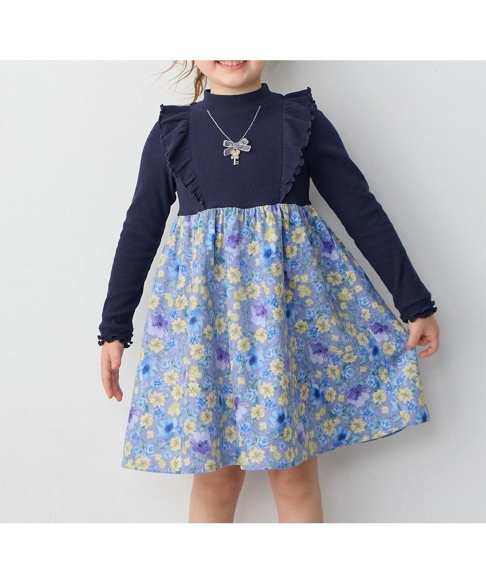 【エニィ/ANY / KIDS】の花柄ドッキングワンピース インテリア・キッズ・メンズ・レディースファッション・服の通販 founy(ファニー) ファッション Fashion キッズファッション Fashion for Kids ワンピース Dresses ドッキング Docking, Mixed Material ネックレス Necklace, Pendant Necklace フリル Frill, Ruffle ポケット Pocket, Pocket Detail エレガント 上品 Elegant A/W・秋冬 Autumn/Winter ネイビー|ID: prp329100004745759 ipo3291000000034309669
