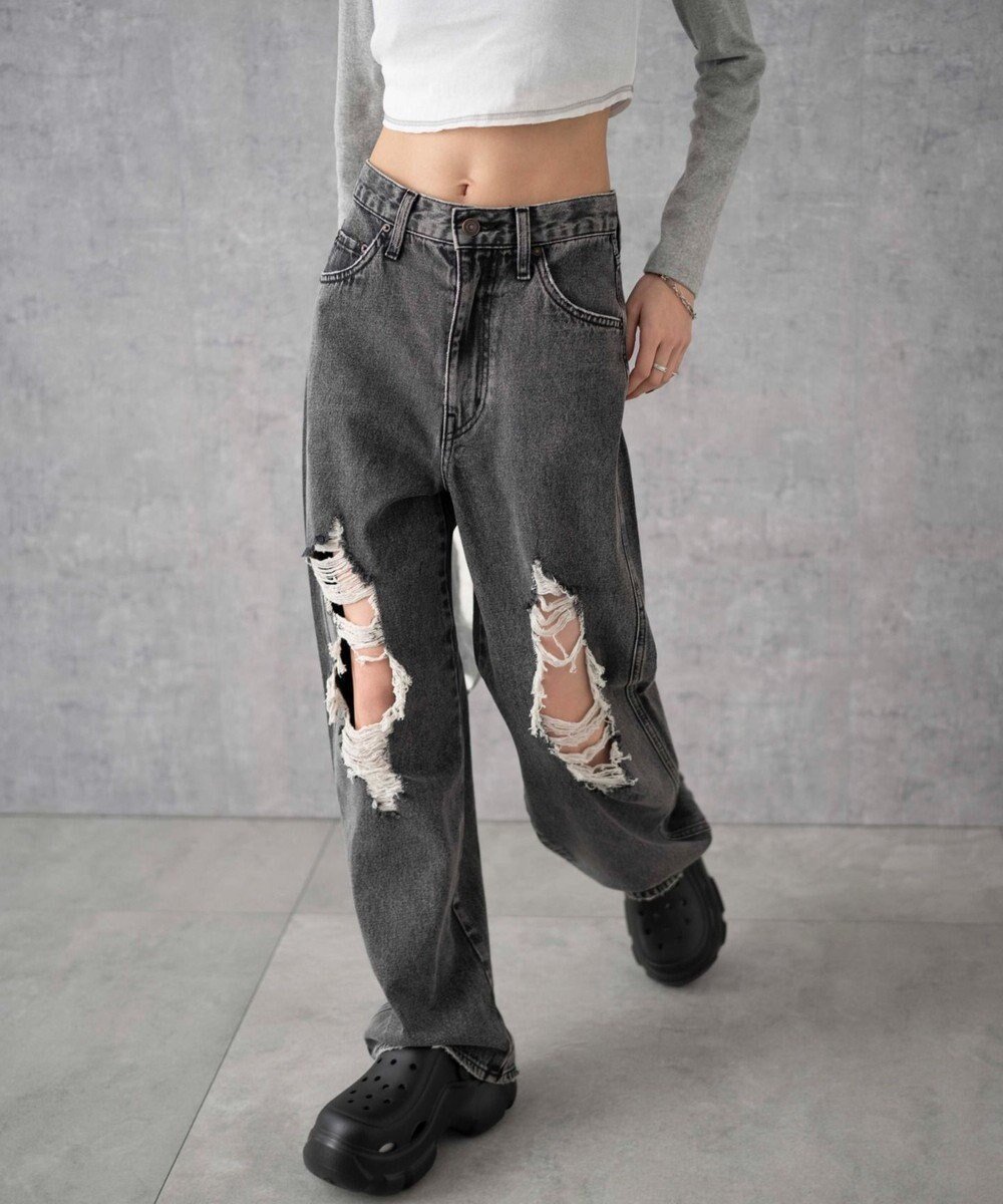 【ウィゴー/WEGO】のヴィンテージウォッシュダメージデニムパンツ インテリア・キッズ・メンズ・レディースファッション・服の通販 founy(ファニー) 　ファッション　Fashion　レディースファッション　Fashion for Women　パンツ　Pants & Trousers　デニムパンツ・ジーンズ・美脚デニム　Denim Jeans & Pants　サンダル　Sandals, Summer Shoes　シューズ　Shoes, Footwear　スマホ　Smartphone, Mobile Device　ダメージ　Distressed, Destroyed　デニム　Denim, Jeans Material　トレンド　Trend, Trending Now　今季　This Season, Current Season　夏　Summer　春　Spring　S/S・春夏　SS, Spring/Summer, Warm Season　ブラックその他|ID: prp329100004747222 ipo3291000000034323472