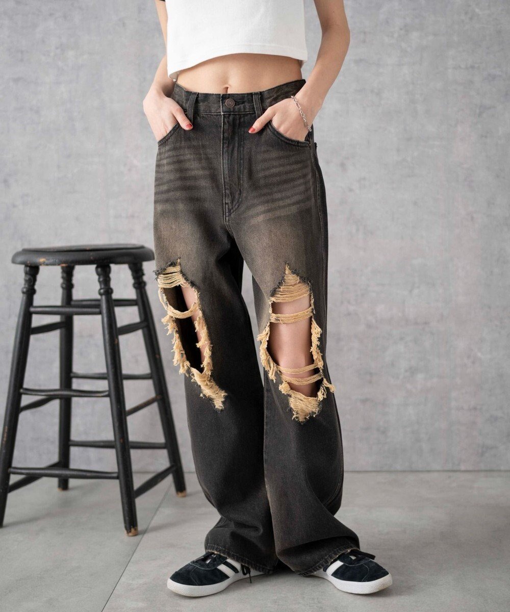 【ウィゴー/WEGO】のヴィンテージウォッシュダメージデニムパンツ インテリア・キッズ・メンズ・レディースファッション・服の通販 founy(ファニー) 　ファッション　Fashion　レディースファッション　Fashion for Women　パンツ　Pants & Trousers　デニムパンツ・ジーンズ・美脚デニム　Denim Jeans & Pants　サンダル　Sandals, Summer Shoes　シューズ　Shoes, Footwear　スマホ　Smartphone, Mobile Device　ダメージ　Distressed, Destroyed　デニム　Denim, Jeans Material　トレンド　Trend, Trending Now　今季　This Season, Current Season　夏　Summer　春　Spring　S/S・春夏　SS, Spring/Summer, Warm Season　ブラック中濃色|ID: prp329100004747222 ipo3291000000034323474