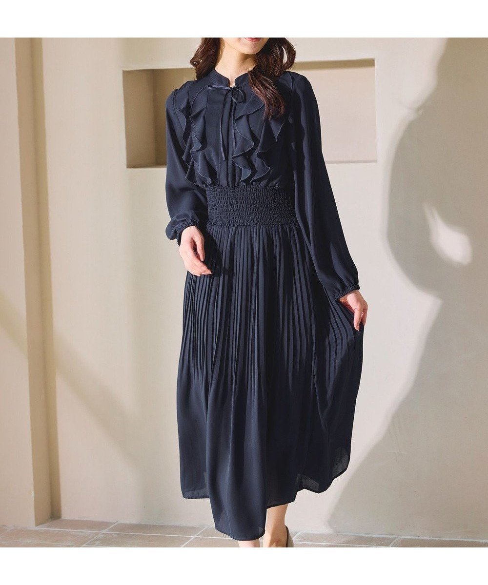 【フェルゥ/Feroux】のウエストシャーリングラッフル ワンピース インテリア・キッズ・メンズ・レディースファッション・服の通販 founy(ファニー) 　ファッション　Fashion　レディースファッション　Fashion for Women　ワンピース　Dresses　おすすめ　Recommended / Our Picks　エアリー　Airy Texture　クラシカル　Classical, Vintage-Inspired　サテン　Satin, Glossy Fabric　ジャケット　Jacket, Outerwear　ジョーゼット　Georgette, Semi-Sheer Fabric　セレモニー　Ceremony　トレンド　Trend, Trending Now　ドット　Polka Dot, Dot Pattern　フェミニン　Feminine, Girly　フォーマル　Formal, Dressy　プリーツ　Pleats, Pleated　ラッフル　Ruffle, Frill　リボン　Ribbon, Bow　エレガント 上品　Elegant　A/W・秋冬　Autumn/Winter　ネイビー系|ID: prp329100004747247 ipo3291000000035608428