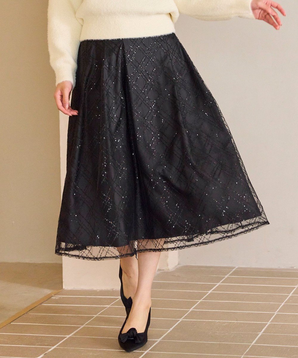 【フェルゥ/Feroux】のきらめきチェックフレア スカート インテリア・キッズ・メンズ・レディースファッション・服の通販 founy(ファニー) 　ファッション　Fashion　レディースファッション　Fashion for Women　スカート　Skirts　Aライン・フレアスカート　A-Line & Flared Skirts　ショート　Short, Short Length　ジャケット　Jacket, Outerwear　スパンコール　Sequins, Sequin Embellishment　チェック　Check, Plaid, Tartan　フェミニン　Feminine, Girly　フレア　Flare, Flared　A/W・秋冬　Autumn/Winter　おすすめ　Recommended / Our Picks　エレガント 上品　Elegant　セレモニー　Ceremony　ビジネス 仕事 通勤　Business / Work / Commuting　ブラック系|ID: prp329100004747250 ipo3291000000035546346