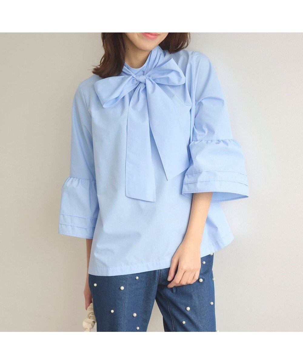 【フェルゥ/Feroux】の【洗える・2WAY】リボンタイチュニック ブラウス インテリア・キッズ・メンズ・レディースファッション・服の通販 founy(ファニー) 　ファッション　Fashion　レディースファッション　Fashion for Women　トップス・カットソー　Cut & Sew Tops　シャツ・ブラウス・オフィスカジュアル　Elegant Blouses & Button-Ups　スリーブ　Sleeve, Long Sleeve / Short Sleeve　チュニック　Tunic, Long Top　デニム　Denim, Jeans Material　フレア　Flare, Flared　リボン　Ribbon, Bow　夏　Summer　春　Spring　S/S・春夏　SS, Spring/Summer, Warm Season　洗える　Machine Washable　スカイブルー系|ID: prp329100004753004 ipo3291000000034377734