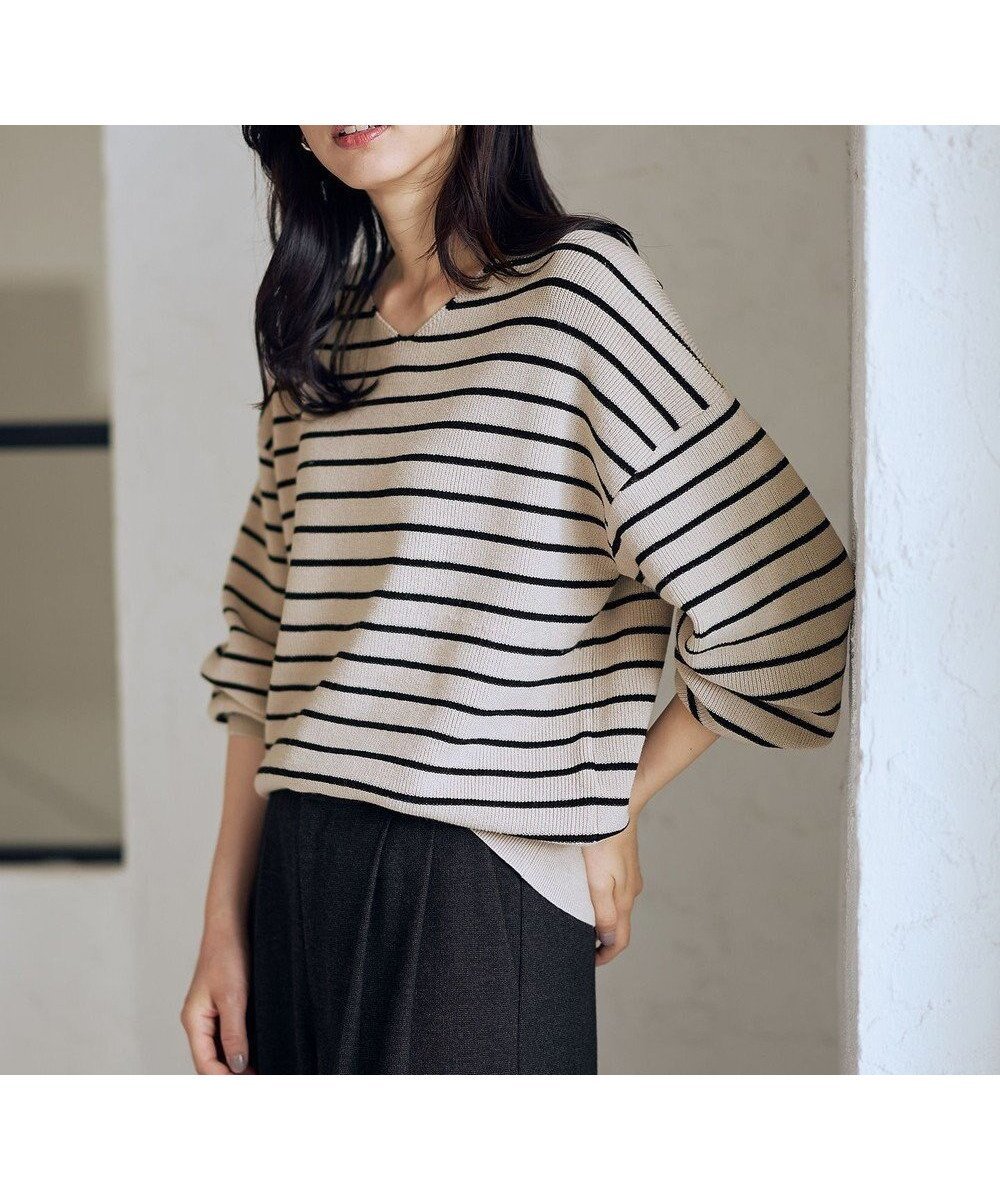 【エニー/ANY】の【8色展開】Vネックデイリーニット インテリア・キッズ・メンズ・レディースファッション・服の通販 founy(ファニー) 　ファッション　Fashion　レディースファッション　Fashion for Women　トップス・カットソー　Cut & Sew Tops　ニット　Knit Tops & Sweaters　Vネックトップス　V-Neck Tops / V-Cut Neckline Shirts　洗える　Machine Washable　ストレッチ　Stretch, Stretchy Fabric　セーター　Sweater, Knitwear　タートルネック　Turtleneck, High Neck　ボトム　Bottoms, Lower Wear　ボーダー　Border, Stripe　A/W・秋冬　Autumn/Winter　おすすめ　Recommended / Our Picks　ベージュ×ブラック|ID: prp329100004753027 ipo3291000000035515864