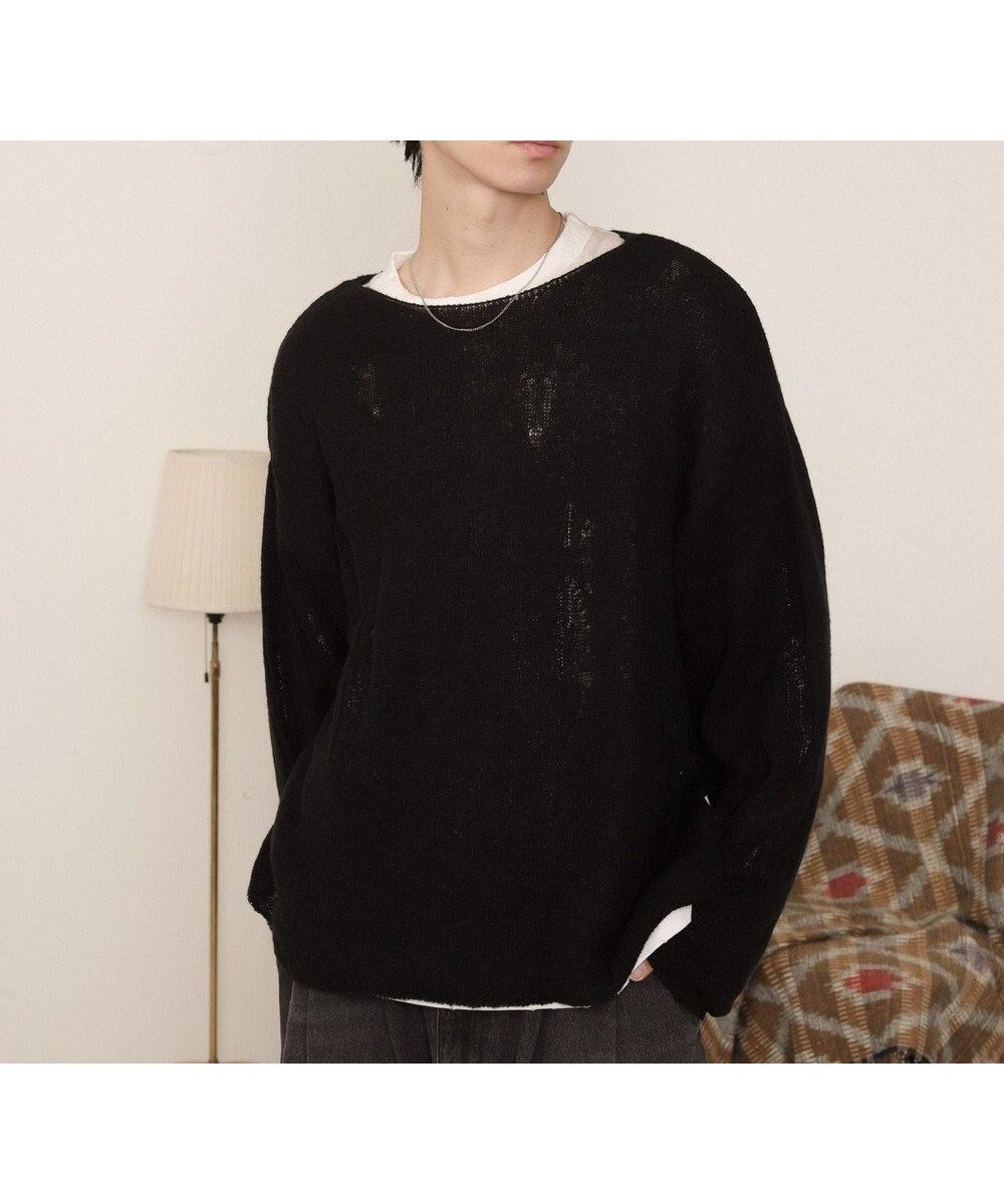 【ウィゴー/WEGO / MEN】のダブルガーゼダメージプルオーバー インテリア・キッズ・メンズ・レディースファッション・服の通販 founy(ファニー) 　ファッション　Fashion　メンズファッション　Fashion for Men　トップス・カットソー　Cut & Sew Tops　ニット・セーター / 定番トップス　Knit Tops & Sweaters　インナー　Innerwear　厚底　Platform Shoes　春　Spring　秋　Autumn　シューズ　Shoes, Footwear　シンプル　Simple, Minimal　スニーカー　Sneakers, Trainers　スマホ　Smartphone, Mobile Device　スラックス　Slacks, Dress Pants　セーター　Sweater, Knitwear　タートルネック　Turtleneck, High Neck　ダブル　Double, Double-Breasted　ダメージ　Distressed, Destroyed　フレア　Flare, Flared　ベーシック　Basic, Essential　ミックス　Mix, Mixed Style　モノトーン　Monotone, Black and White　冬　Winter / This Winter　A/W・秋冬　Autumn/Winter　ブラック|ID: prp329100004756818 ipo3291000000034410145