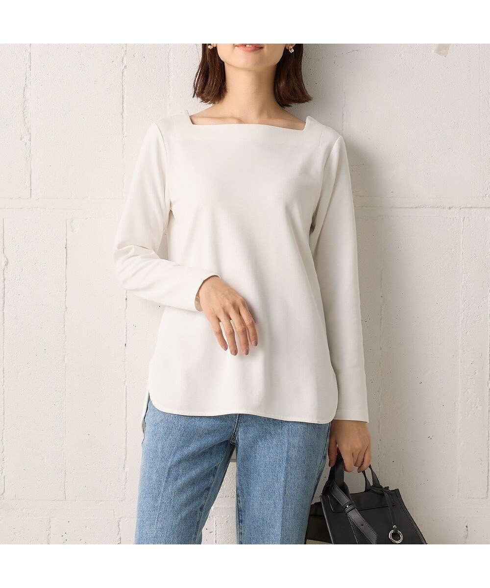【組曲/KUMIKYOKU】のスクエアネックテール ロングTシャツ インテリア・キッズ・メンズ・レディースファッション・服の通販 founy(ファニー) 　ファッション　Fashion　レディースファッション　Fashion for Women　トップス・カットソー　Cut & Sew Tops　シャツ・ブラウス・オフィスカジュアル　Elegant Blouses & Button-Ups　ロングTシャツ・Tシャツ　Longline T-Shirts & Tees　カットソー・ベーシックTシャツ　Cut-and-Sewn Tops / Stretch Tees & Basics　インナー　Innerwear　カッティング　Cutting Detail　カットソー　Cut and Sewn Top　スクエア　Square, Square Shape　ストレッチ　Stretch, Stretchy Fabric　デコルテ　Décolleté, Neckline　バスク　Basque, Basque Style　バランス　Balance, Style Balance　ボトム　Bottoms, Lower Wear　ボーダー　Border, Stripe　無地　Plain, Solid Color　ラウンド　Round, Round Neck　ロング　Long, Long-Length　A/W・秋冬　Autumn/Winter　おすすめ　Recommended / Our Picks　アイボリー系|ID: prp329100004756938 ipo3291000000034411410