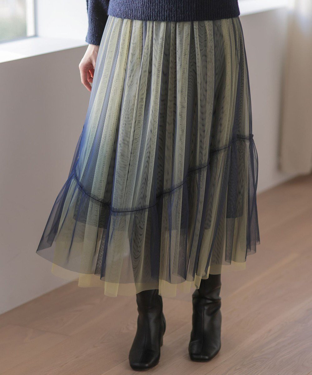 【組曲/KUMIKYOKU】のリバーシブルチュール スカート インテリア・キッズ・メンズ・レディースファッション・服の通販 founy(ファニー) 　ファッション　Fashion　レディースファッション　Fashion for Women　スカート　Skirts　アシンメトリー　Asymmetrical Style　シンプル　Simple, Minimal　チュール　Tulip, Tulip Motif　デニム　Denim, Jeans Material　ペチコート　Petticoat, Underskirt　リバーシブル　Reversible, Two-Sided　A/W・秋冬　Autumn/Winter　おすすめ　Recommended / Our Picks　旅行　Travel　グレイッシュネイビー×イエロー|ID: prp329100004761949 ipo3291000000035546122