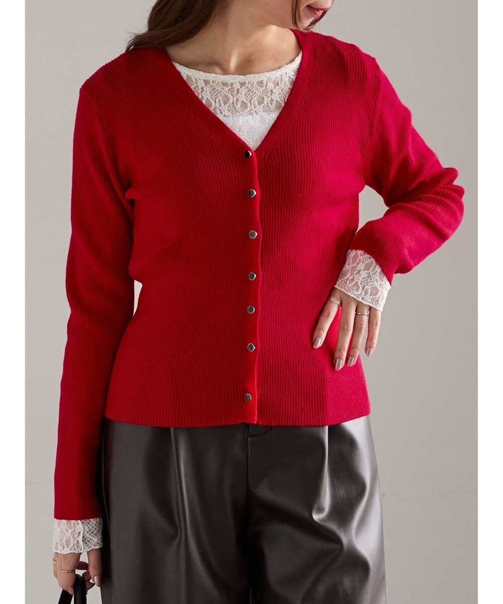 【テチチ/Te chichi】のウェーブメタル釦Vネックリブカーディガン インテリア・キッズ・メンズ・レディースファッション・服の通販 founy(ファニー) 　ファッション　Fashion　レディースファッション　Fashion for Women　トップス・カットソー　Cut & Sew Tops　ニット　Knit Tops & Sweaters　カーディガン・羽織り　Layered Style Cardigans　Vネックトップス　V-Neck Tops / V-Cut Neckline Shirts　おすすめ　Recommended / Our Picks　カーディガン　Cardigan, Knitwear　シルバー　Silver, Metallic Silver　セーター　Sweater, Knitwear　フィット　Fit, Slim Fit　フレア　Flare, Flared　フロント　Front, Front Design　夏　Summer　S/S・春夏　SS, Spring/Summer, Warm Season　A/W・秋冬　Autumn/Winter　レッド|ID: prp329100004761994 ipo3291000000034463911