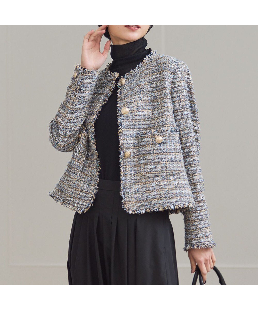 【23区/NIJYUSANKU】の【先行予約】GIOLICAツイード ノーカラー ボタン ジャケット インテリア・キッズ・メンズ・レディースファッション・服の通販 founy(ファニー) 　ファッション　Fashion　レディースファッション　Fashion for Women　アウター　Coat / Outerwear Collection　レディースジャケット・軽アウター　Jackets　イタリア　Italy　春　Spring　コンパクト　Compact, Small Size　ショルダー　Shoulder, Shoulder Strap　ジャケット　Jacket, Outerwear　ストライプ　Stripe, Striped Pattern　チェック　Check, Plaid, Tartan　ツイード／ツィード　Choker, Choker Necklace　ツイード　Twill, Twill Weave　デニム　Denim, Jeans Material　ネップ　Nepp, Slub Yarn　フランス　France, French　フリンジ　Fringe, Tassel　プリント　Print, Printed Pattern　ボトム　Bottoms, Lower Wear　ミックス　Mix, Mixed Style　メタル　Metal, Metal Parts　ラグジュアリー　Luxury, Elegant　ランダム　Random, Irregular　S/S・春夏　SS, Spring/Summer, Warm Season　おすすめ　Recommended / Our Picks　夏　Summer　ブルーミックス|ID: prp329100004762134 ipo3291000000034464792