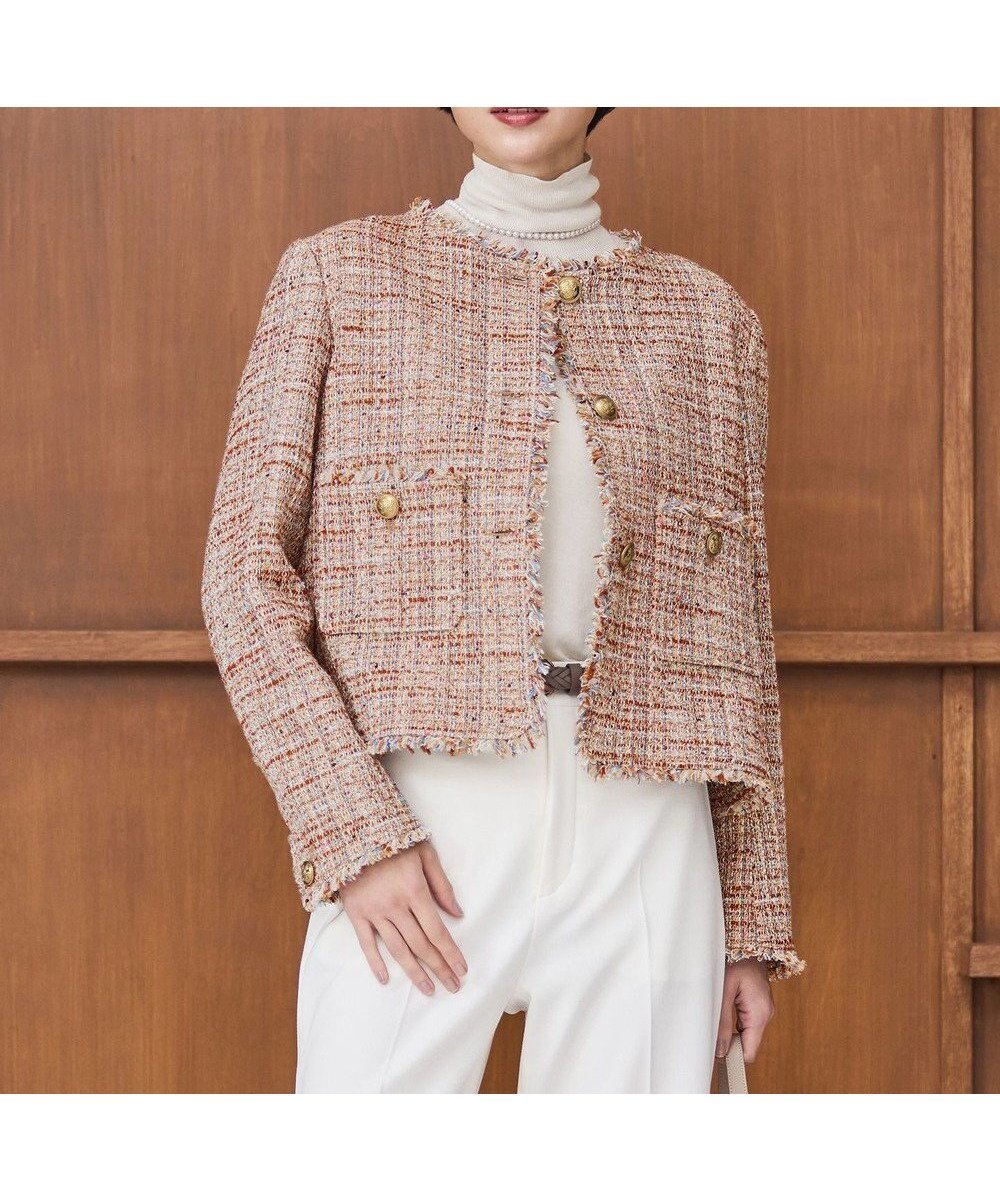【23区/NIJYUSANKU】の【先行予約】GIOLICAツイード ノーカラー ボタン ジャケット インテリア・キッズ・メンズ・レディースファッション・服の通販 founy(ファニー) 　ファッション　Fashion　レディースファッション　Fashion for Women　アウター　Coat / Outerwear Collection　レディースジャケット・軽アウター　Jackets　イタリア　Italy　春　Spring　コンパクト　Compact, Small Size　ショルダー　Shoulder, Shoulder Strap　ジャケット　Jacket, Outerwear　ストライプ　Stripe, Striped Pattern　チェック　Check, Plaid, Tartan　ツイード／ツィード　Choker, Choker Necklace　ツイード　Twill, Twill Weave　デニム　Denim, Jeans Material　ネップ　Nepp, Slub Yarn　フランス　France, French　フリンジ　Fringe, Tassel　プリント　Print, Printed Pattern　ボトム　Bottoms, Lower Wear　ミックス　Mix, Mixed Style　メタル　Metal, Metal Parts　ラグジュアリー　Luxury, Elegant　ランダム　Random, Irregular　S/S・春夏　SS, Spring/Summer, Warm Season　おすすめ　Recommended / Our Picks　夏　Summer　テラコッタミックス|ID: prp329100004762134 ipo3291000000034464794
