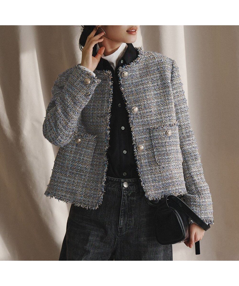 【23区/NIJYUSANKU】のGIOLICAツイード ノーカラー ボタン ジャケット インテリア・キッズ・メンズ・レディースファッション・服の通販 founy(ファニー) 　ファッション　Fashion　レディースファッション　Fashion for Women　アウター　Coat / Outerwear Collection　レディースジャケット・軽アウター　Jackets　イタリア　Italy　春　Spring　コンパクト　Compact, Small Size　ショルダー　Shoulder, Shoulder Strap　ジャケット　Jacket, Outerwear　ストライプ　Stripe, Striped Pattern　チェック　Check, Plaid, Tartan　ツイード／ツィード　Choker, Choker Necklace　ツイード　Twill, Twill Weave　デニム　Denim, Jeans Material　ネップ　Nepp, Slub Yarn　フランス　France, French　フリンジ　Fringe, Tassel　プリント　Print, Printed Pattern　ボトム　Bottoms, Lower Wear　ミックス　Mix, Mixed Style　メタル　Metal, Metal Parts　ラグジュアリー　Luxury, Elegant　ランダム　Random, Irregular　S/S・春夏　SS, Spring/Summer, Warm Season　おすすめ　Recommended / Our Picks　夏　Summer　ブルーミックス|ID: prp329100004762134 ipo3291000000034827261