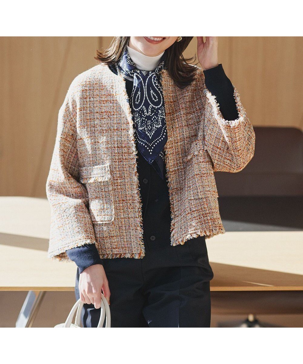 【23区/NIJYUSANKU】のGIOLICAツイード ノーカラー ジャケット インテリア・キッズ・メンズ・レディースファッション・服の通販 founy(ファニー) 　ファッション　Fashion　レディースファッション　Fashion for Women　アウター　Coat / Outerwear Collection　レディースジャケット・軽アウター　Jackets　ノーカラージャケット / シンプル上品コーデ　Collarless Jackets　イタリア　Italy　春　Spring　カーディガン　Cardigan, Knitwear　ショルダー　Shoulder, Shoulder Strap　ジャケット　Jacket, Outerwear　ストライプ　Stripe, Striped Pattern　スリーブ　Sleeve, Long Sleeve / Short Sleeve　チェック　Check, Plaid, Tartan　ツイード／ツィード　Choker, Choker Necklace　ツイード　Twill, Twill Weave　ネップ　Nepp, Slub Yarn　バランス　Balance, Style Balance　フラット　Flat, Flat Shoes　フランス　France, French　フロント　Front, Front Design　プリント　Print, Printed Pattern　ミックス　Mix, Mixed Style　ラグジュアリー　Luxury, Elegant　ランダム　Random, Irregular　ワイド　Wide, Wide Fit　S/S・春夏　SS, Spring/Summer, Warm Season　夏　Summer　エレガント 上品　Elegant　テラコッタミックス|ID: prp329100004762135 ipo3291000000035005344