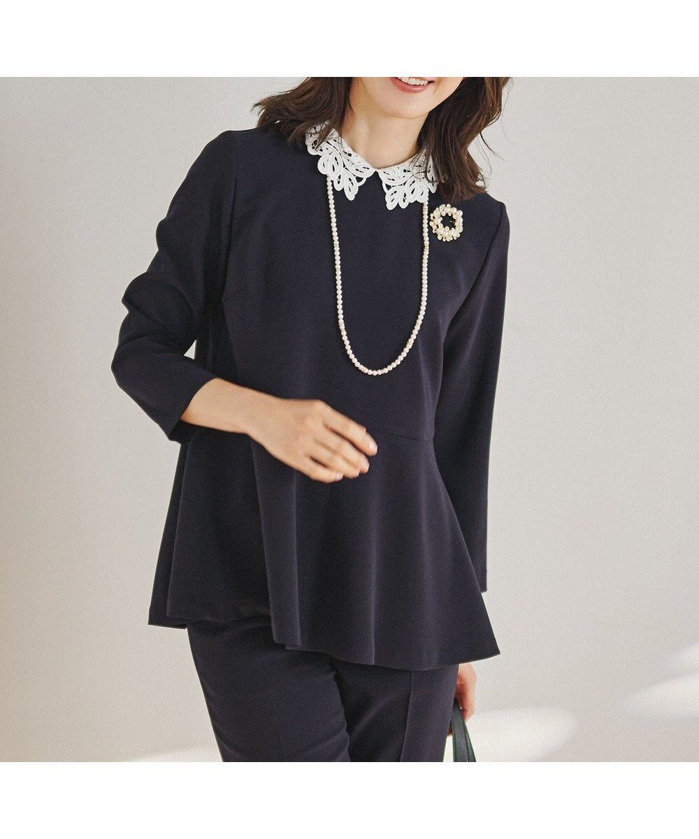 【23区/NIJYUSANKU】の【セットアップ対応/洗える】トリアセダブルジョーゼット 2WAYレース襟 ペプラムブラウス インテリア・キッズ・メンズ・レディースファッション・服の通販 founy(ファニー) 　ファッション　Fashion　レディースファッション　Fashion for Women　トップス・カットソー　Cut & Sew Tops　シャツ・ブラウス・オフィスカジュアル　Elegant Blouses & Button-Ups　セットアップ　Matching Sets　レディーストップス・ブラウス　Tops & Blouses / Assorted Women's Tops　エレガント 上品　Elegant　春　Spring　洗える　Machine Washable　シフォン　Chiffon, Lightweight Fabric　シンプル　Simple, Minimal　ジャケット　Jacket, Outerwear　ジョーゼット　Georgette, Semi-Sheer Fabric　ストレッチ　Stretch, Stretchy Fabric　スリーブ　Sleeve, Long Sleeve / Short Sleeve　スーツ　Suit, Formalwear　セットアップ　Set-Up, Coordinated Outfit　テーパード　Tapered, Tapered Pants　定番　Standard, Basic Item　ネックレス　Necklace, Pendant Necklace　パール　Pearl, Pearl Accent　ブローチ　Brooch, Pin Brooch　ペプラム　Peplum, Flared Hem　レース　Lace, Lace Fabric　S/S・春夏　SS, Spring/Summer, Warm Season　夏　Summer　2023春夏・S/S　Spring/Summer 2023 SS23　2023年　2023　セレモニー　Ceremony　入学式　Entrance Ceremony　ネイビー系|ID: prp329100004762149 ipo3291000000035636693