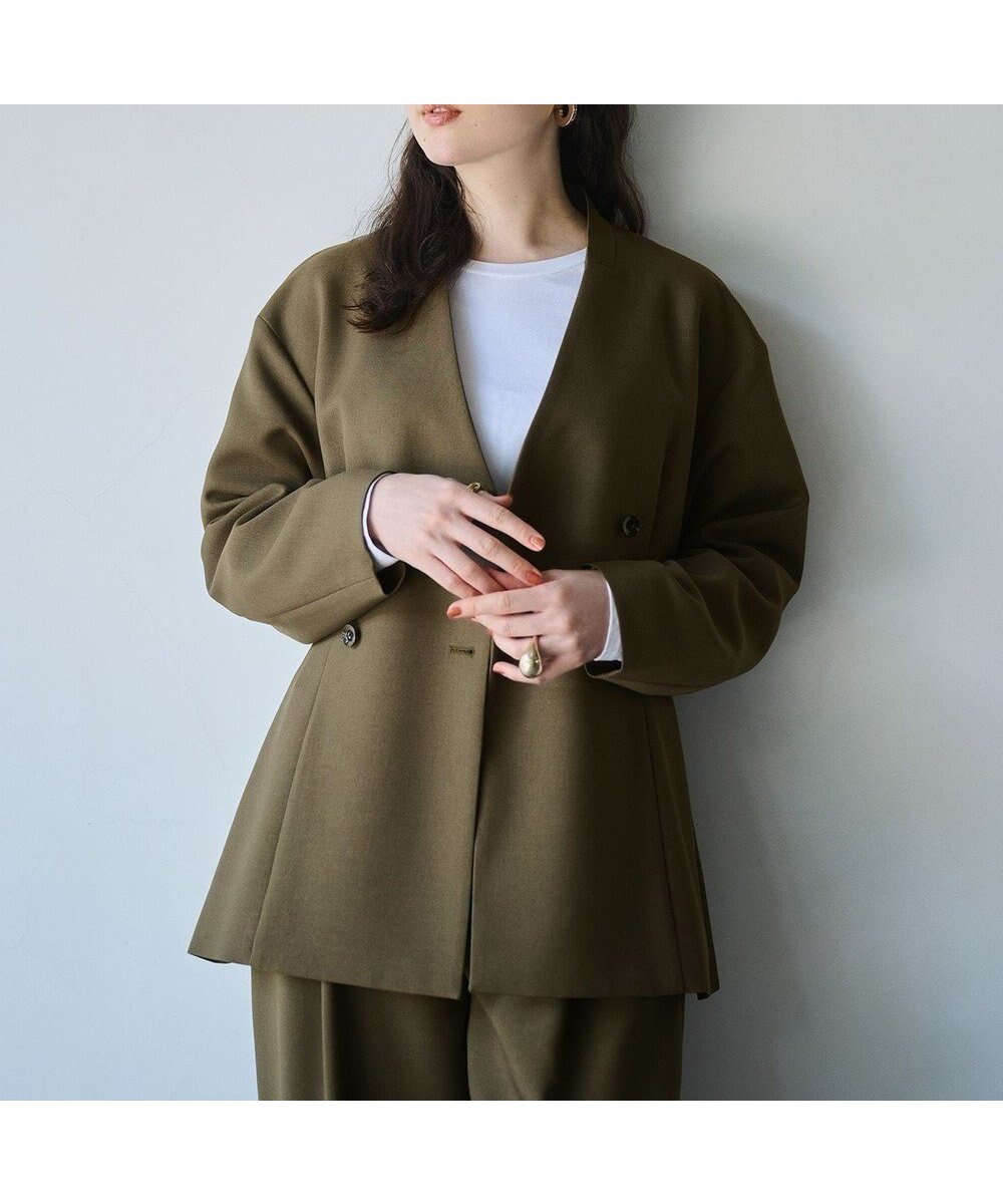 【ハッシュニュアンス/#Newans】のウエストシェイプダブルジャケット インテリア・キッズ・メンズ・レディースファッション・服の通販 founy(ファニー) 　ファッション　Fashion　レディースファッション　Fashion for Women　アウター　Coat / Outerwear Collection　レディースジャケット・軽アウター　Jackets　ノーカラージャケット / シンプル上品コーデ　Collarless Jackets　インナー　Innerwear　コラボ　Collaboration, Collab　ショルダー　Shoulder, Shoulder Strap　ジャケット　Jacket, Outerwear　セットアップ　Set-Up, Coordinated Outfit　ドロップ　Drop Shoulder, Dropped Style　A/W・秋冬　Autumn/Winter　カーキ グリーン|ID: prp329100004762997 ipo3291000000034473955
