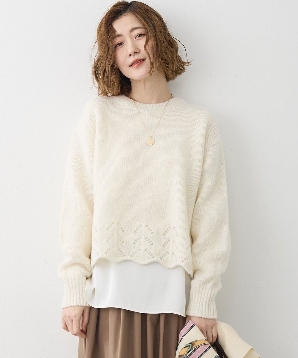 【23区/NIJYUSANKU】の【滝沢眞規子さん着用/洗える】レーシーヘムデザイン パフスリーブ ニット インテリア・キッズ・メンズ・レディースファッション・服の通販 founy(ファニー) 　ファッションモデル・俳優・女優　Models　女性　Women　滝沢眞規子　Takizawa Makiko　ファッション　Fashion　レディースファッション　Fashion for Women　トップス・カットソー　Cut & Sew Tops　ニット　Knit Tops & Sweaters　インナー　Innerwear　洗える　Machine Washable　カットソー　Cut and Sewn Top　クラシック　Classic, Timeless Style　シンプル　Simple, Minimal　スリーブ　Sleeve, Long Sleeve / Short Sleeve　セーター　Sweater, Knitwear　透かし　Cut-Out, Lacework　フェミニン　Feminine, Girly　フレア　Flare, Flared　A/W・秋冬　Autumn/Winter　冬　Winter / This Winter　おすすめ　Recommended / Our Picks　エレガント 上品　Elegant　2025年　2025　2025-2026秋冬・A/W　Autumn/Winter 2025–26 AW25–26　アイボリー系|ID: prp329100004763015 ipo3291000000035608198