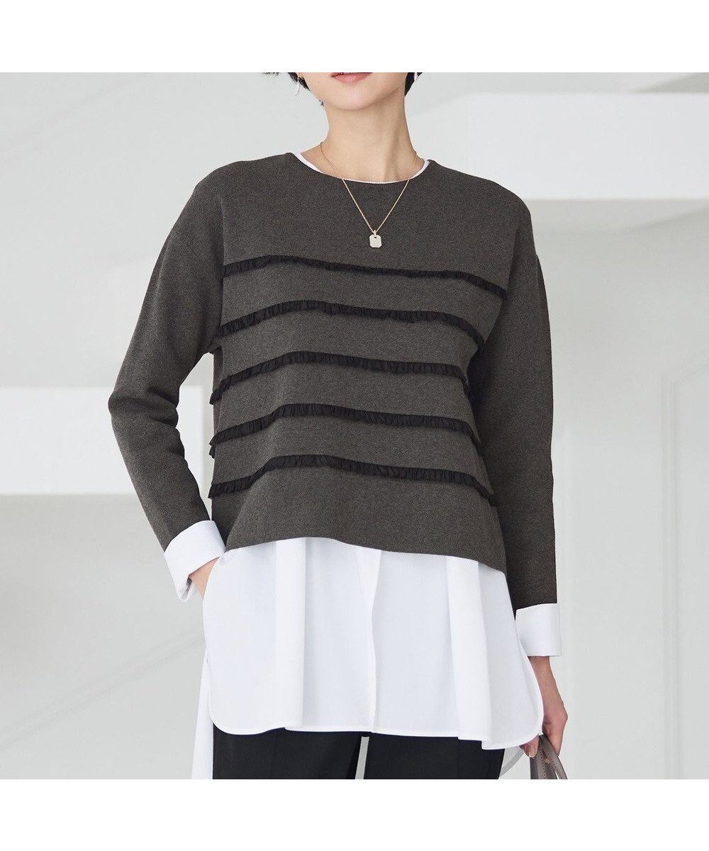 【23区/NIJYUSANKU】の【先行予約/WEB 一部店舗限定】フリルボーダー ニット インテリア・キッズ・メンズ・レディースファッション・服の通販 founy(ファニー) 　ファッション　Fashion　レディースファッション　Fashion for Women　トップス・カットソー　Cut & Sew Tops　ニット　Knit Tops & Sweaters　クラシック　Classic, Timeless Style　ジャケット　Jacket, Outerwear　ストレッチ　Stretch, Stretchy Fabric　ストレート　Straight, Straight Cut　セーター　Sweater, Knitwear　なめらか　Smooth, Silky Texture　フリル　Frill, Ruffle　ボーダー　Border, Stripe　ミラノリブ　Milano Rib, Milano Stitch　A/W・秋冬　Autumn/Winter　冬　Winter / This Winter　エレガント 上品　Elegant　2025年　2025　2025-2026秋冬・A/W　Autumn/Winter 2025–26 AW25–26　グレー系|ID: prp329100004763018 ipo3291000000034474120