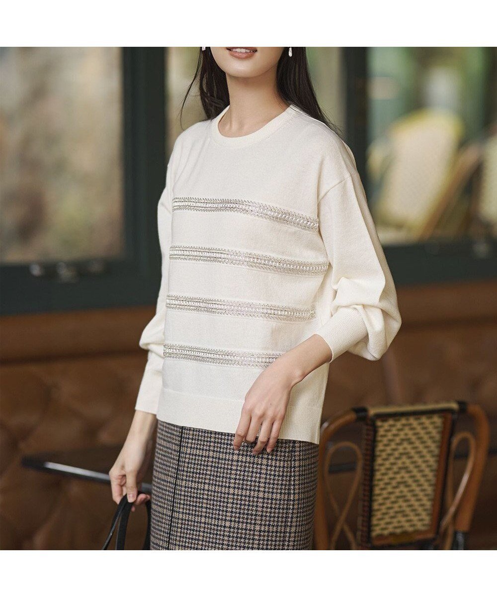 【23区/NIJYUSANKU】の【WEB 一部店舗限定】ビジューボーダー ニット インテリア・キッズ・メンズ・レディースファッション・服の通販 founy(ファニー) ファッション Fashion レディースファッション Fashion for Women トップス・カットソー Cut & Sew Tops ニット Knit Tops & Sweaters セーター Sweater, Knitwear デニム Denim, Jeans Material トレンド Trend, Trending Now ビジュー Bijou, Jewel-like Accent ボーダー Border, Stripe ミックス Mix, Mixed Style リラックス Relax, Relaxed Fit A/W・秋冬 Autumn/Winter 冬 Winter / This Winter エレガント 上品 Elegant 2025年 2025 2025-2026秋冬・A/W Autumn/Winter 2025–26 AW25–26 ホワイト系|ID: prp329100004763019 ipo3291000000034474128