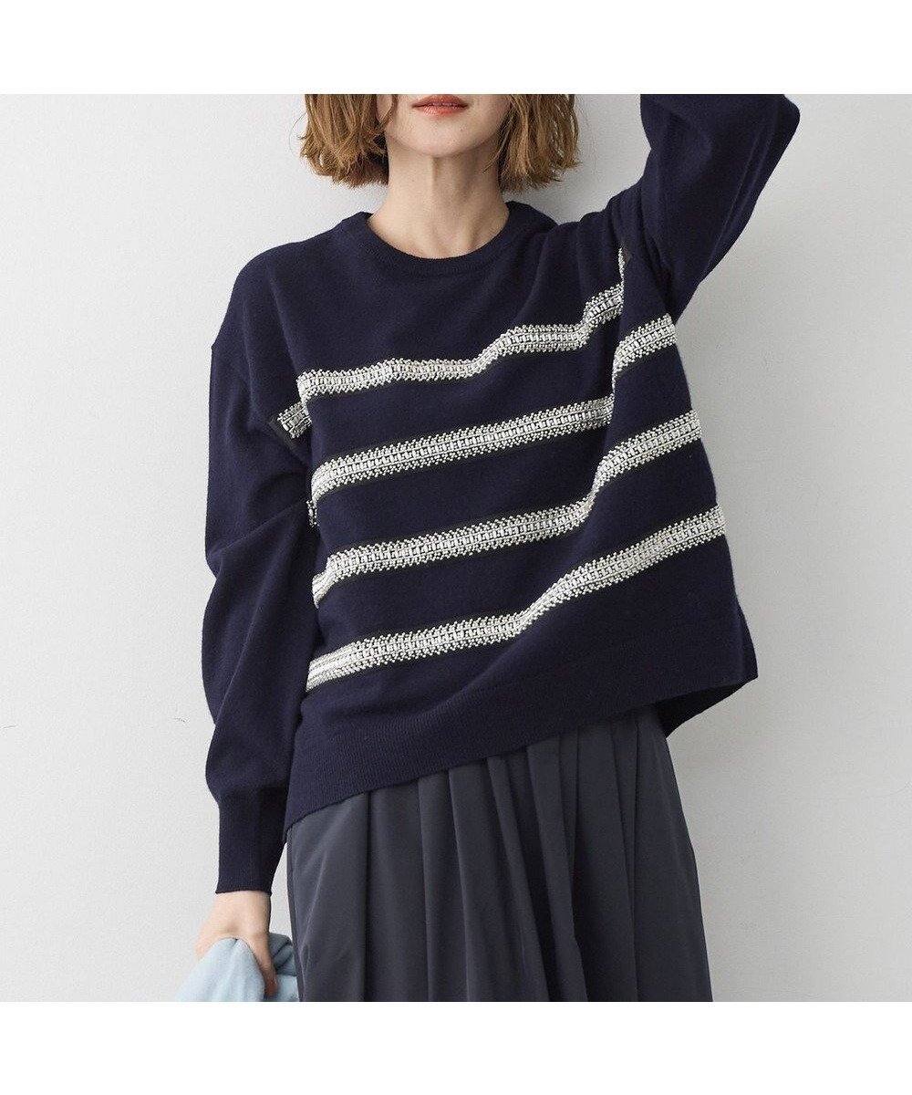 【23区/NIJYUSANKU】の【WEB 一部店舗限定】ビジューボーダー ニット インテリア・キッズ・メンズ・レディースファッション・服の通販 founy(ファニー) ファッション Fashion レディースファッション Fashion for Women トップス・カットソー Cut & Sew Tops ニット Knit Tops & Sweaters セーター Sweater, Knitwear デニム Denim, Jeans Material トレンド Trend, Trending Now ビジュー Bijou, Jewel-like Accent ボーダー Border, Stripe ミックス Mix, Mixed Style リラックス Relax, Relaxed Fit A/W・秋冬 Autumn/Winter 冬 Winter / This Winter エレガント 上品 Elegant 2025年 2025 2025-2026秋冬・A/W Autumn/Winter 2025–26 AW25–26 ネイビー系|ID: prp329100004763019 ipo3291000000034474129