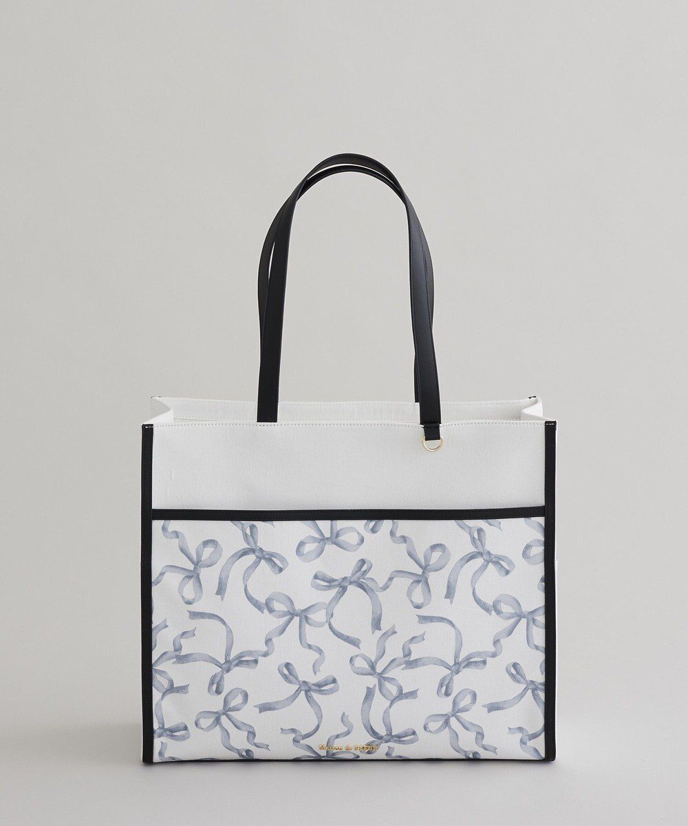 【メゾンドフルール/Maison de FLEUR】のリボンプリントスクエアトートバッグ 人気、トレンドファッション・服の通販 founy(ファニー) 　ファッション　Fashion　レディースファッション　Fashion for Women　バッグ　Bags　キャンバス　Canvas, Canvas Fabric　チャーム　Charm, Pendant　パイピング　Piping, Trim Design　ポケット　Pocket, Pocket Detail　ポーチ　Pouch, Small Case　リボン　Ribbon, Bow　おすすめ　Recommended / Our Picks　ビジネス 仕事 通勤　Business / Work / Commuting　 other-1|ID: prp329100004763723 ipo3291000000034484674