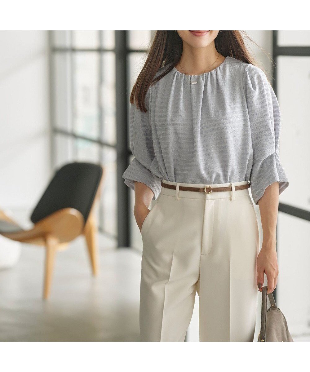 【組曲/KUMIKYOKU】の【WEB限定】ボーダージャガード タック袖ブラウス インテリア・キッズ・メンズ・レディースファッション・服の通販 founy(ファニー) ファッション Fashion レディースファッション Fashion for Women トップス・カットソー Cut & Sew Tops シャツ・ブラウス・オフィスカジュアル Elegant Blouses & Button-Ups ギャザー Gathered, Ruffled ストレッチ Stretch, Stretchy Fabric スリーブ Sleeve, Long Sleeve / Short Sleeve ドレープ Drape, Draping Fabric ボーダー Border, Stripe ビジネス 仕事 通勤 Business / Work / Commuting A/W・秋冬 Autumn/Winter ダスティブルー系|ID: prp329100004764839 ipo3291000000034495809