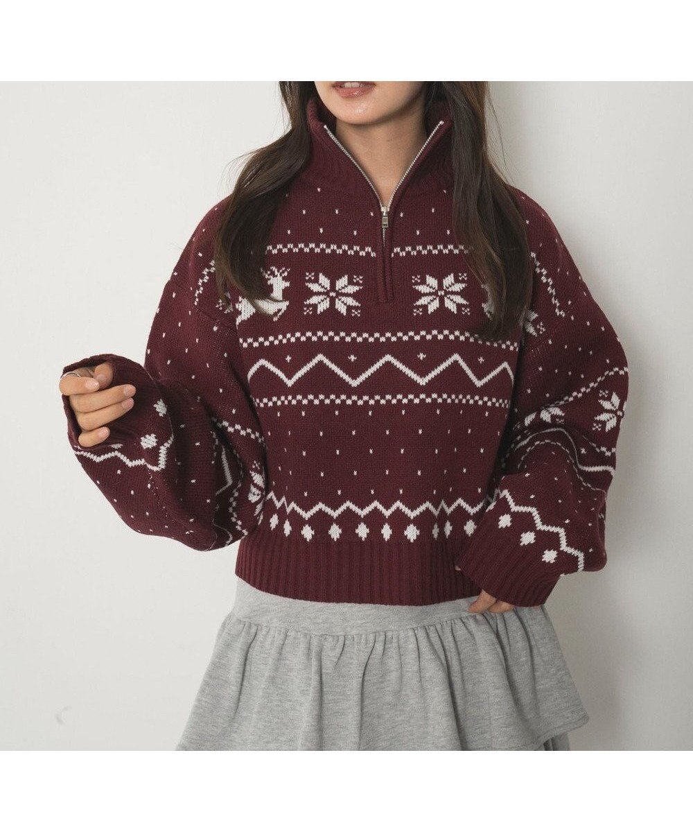 【ウィゴー/WEGO】のノルディック柄ハーフジップニット インテリア・キッズ・メンズ・レディースファッション・服の通販 founy(ファニー) 　ファッション　Fashion　レディースファッション　Fashion for Women　トップス・カットソー　Cut & Sew Tops　ニット　Knit Tops & Sweaters　インナー　Innerwear　春　Spring　秋　Autumn　カーゴパンツ　Cargo Pants, Utility Pants　キャップ　Cap, Baseball Cap　ジップ　Zip, Zipper　スマホ　Smartphone, Mobile Device　セーター　Sweater, Knitwear　デニム　Denim, Jeans Material　トレンド　Trend, Trending Now　長袖　Long Sleeve, Full Sleeve　ハイネック　High Neck, Mock Neck　ボトム　Bottoms, Lower Wear　リラックス　Relax, Relaxed Fit　ロング　Long, Long-Length　冬　Winter / This Winter　A/W・秋冬　Autumn/Winter　レッド|ID: prp329100004764858 ipo3291000000034495945