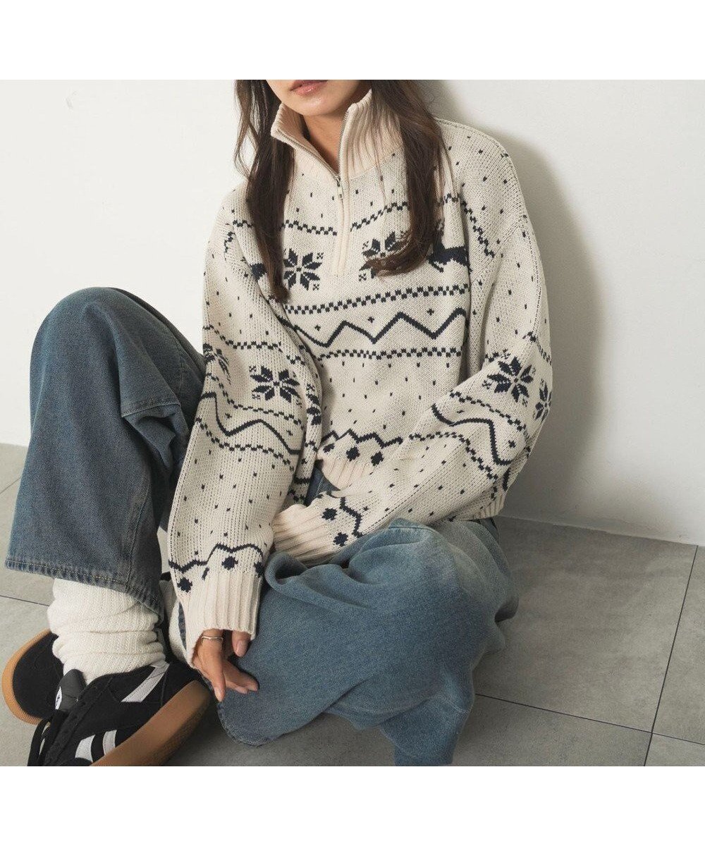 【ウィゴー/WEGO】のノルディック柄ハーフジップニット インテリア・キッズ・メンズ・レディースファッション・服の通販 founy(ファニー) 　ファッション　Fashion　レディースファッション　Fashion for Women　トップス・カットソー　Cut & Sew Tops　ニット　Knit Tops & Sweaters　インナー　Innerwear　春　Spring　秋　Autumn　カーゴパンツ　Cargo Pants, Utility Pants　キャップ　Cap, Baseball Cap　ジップ　Zip, Zipper　スマホ　Smartphone, Mobile Device　セーター　Sweater, Knitwear　デニム　Denim, Jeans Material　トレンド　Trend, Trending Now　長袖　Long Sleeve, Full Sleeve　ハイネック　High Neck, Mock Neck　ボトム　Bottoms, Lower Wear　リラックス　Relax, Relaxed Fit　ロング　Long, Long-Length　冬　Winter / This Winter　A/W・秋冬　Autumn/Winter　ホワイトアイボリー|ID: prp329100004764858 ipo3291000000034495947
