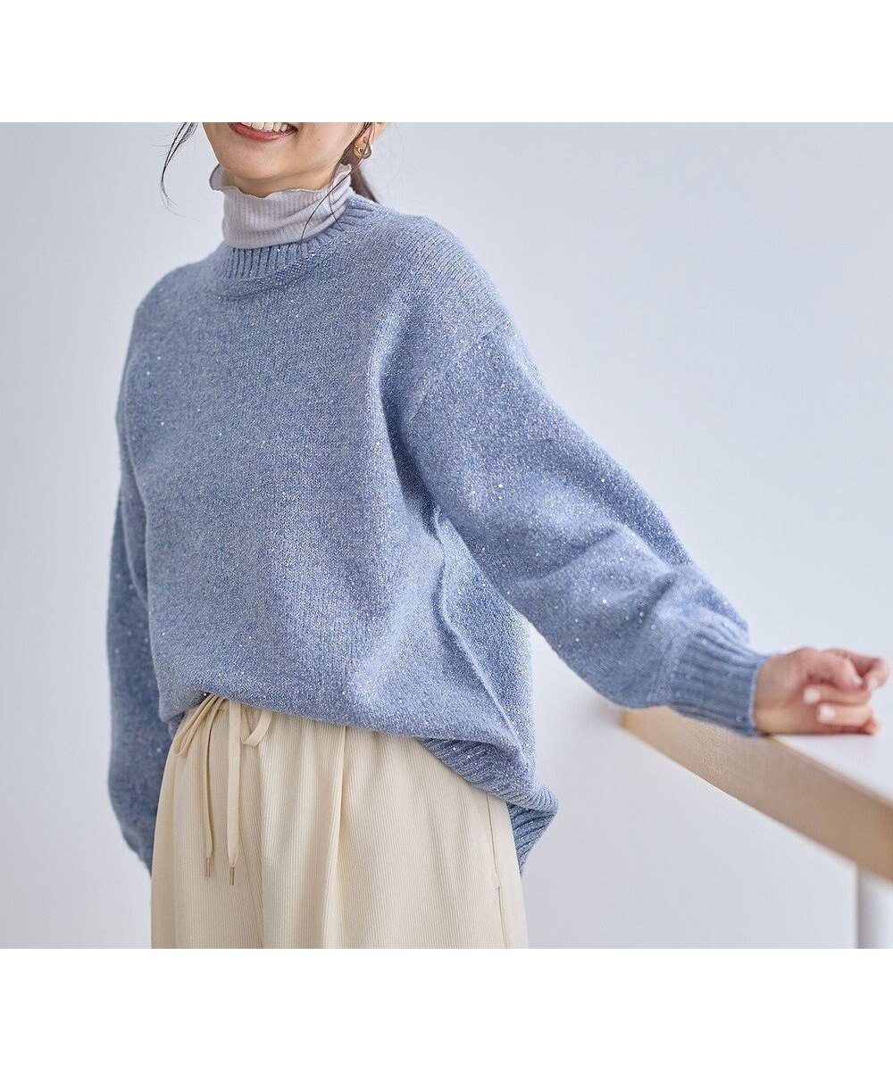 【エニー/ANY】のスパンコールニット インテリア・キッズ・メンズ・レディースファッション・服の通販 founy(ファニー) 　ファッション　Fashion　レディースファッション　Fashion for Women　トップス・カットソー　Cut & Sew Tops　ニット　Knit Tops & Sweaters　おすすめ　Recommended / Our Picks　スパンコール　Sequins, Sequin Embellishment　スリット　Slit, Slit Detail　セーター　Sweater, Knitwear　タートルネック　Turtleneck, High Neck　デニム　Denim, Jeans Material　フェミニン　Feminine, Girly　ワンポイント　One Point, Statement Accent　エレガント 上品　Elegant　冬　Winter / This Winter　洗える　Machine Washable　A/W・秋冬　Autumn/Winter　ライトブルー|ID: prp329100004764880 ipo3291000000034496051