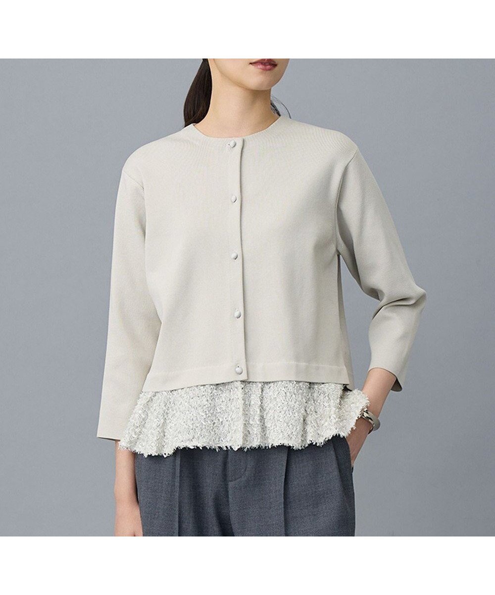 【自由区/JIYU-KU】の【SHIHOさん着用】ジャカードコンビ カーディガン インテリア・キッズ・メンズ・レディースファッション・服の通販 founy(ファニー) 　ファッション　Fashion　レディースファッション　Fashion for Women　トップス・カットソー　Cut & Sew Tops　カーディガン・羽織り　Layered Style Cardigans　カーディガン　Cardigan, Knitwear　コンビ　Combo, Combination Style　サテン　Satin, Glossy Fabric　ジャカード／ジャガード　Jacquard, Woven Pattern　ツイード　Twill, Twill Weave　フェミニン　Feminine, Girly　ペプラム　Peplum, Flared Hem　ボトム　Bottoms, Lower Wear　エレガント 上品　Elegant　夏　Summer　春　Spring　S/S・春夏　SS, Spring/Summer, Warm Season　軽量　Lightweight, Ultra Light　ベージュ|ID: prp329100004768337 ipo3291000000034675280