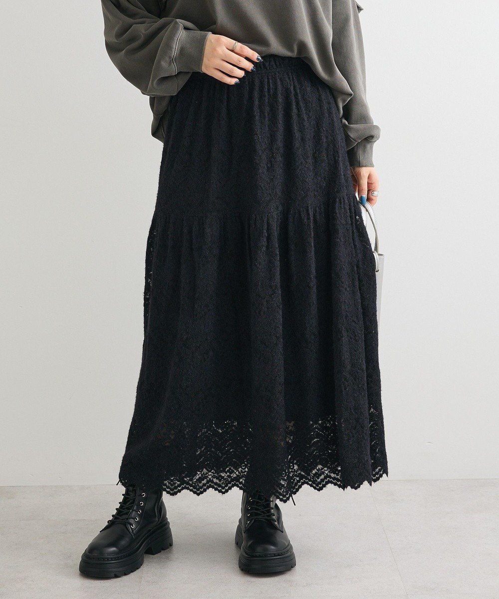 【グリーンパークス/Green Parks】の起毛レースティアードスカート インテリア・キッズ・メンズ・レディースファッション・服の通販 founy(ファニー) 　ファッション　Fashion　レディースファッション　Fashion for Women　スカート　Skirts　ティアードスカート　Tiered Skirts　おすすめ　Recommended / Our Picks　シンプル　Simple, Minimal　ジャケット　Jacket, Outerwear　スウェット / スエット　Sweatshirt, Sweatwear　スニーカー　Sneakers, Trainers　ダウン　Down, Puffer　ポケット　Pocket, Pocket Detail　レース　Lace, Lace Fabric　ロング　Long, Long-Length　A/W・秋冬　Autumn/Winter　Black|ID: prp329100004768391 ipo3291000000035564716