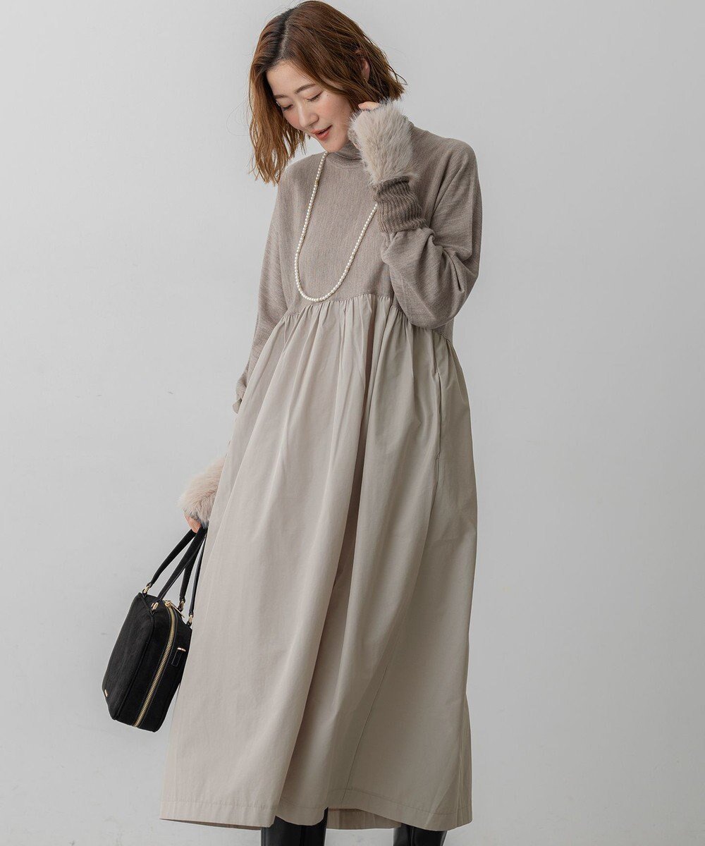 【23区/NIJYUSANKU】の【洗える】ギャザーコンビ ニットワンピース インテリア・キッズ・メンズ・レディースファッション・服の通販 founy(ファニー) 　ファッション　Fashion　レディースファッション　Fashion for Women　ワンピース　Dresses　ニットワンピース　Knit Dresses　洗える　Machine Washable　ギャザー　Gathered, Ruffled　コンビ　Combo, Combination Style　シルク　Silk, 100% Silk　タートルネック　Turtleneck, High Neck　なめらか　Smooth, Silky Texture　ポケット　Pocket, Pocket Detail　A/W・秋冬　Autumn/Winter　冬　Winter / This Winter　エレガント 上品　Elegant　2025年　2025　2025-2026秋冬・A/W　Autumn/Winter 2025–26 AW25–26　ベージュ系|ID: prp329100004768401 ipo3291000000034536597