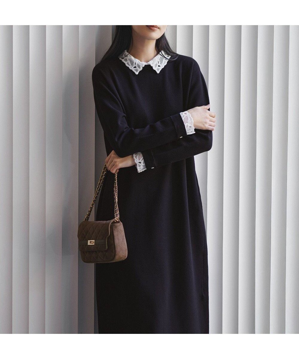 【23区/NIJYUSANKU】の【洗える/吊り干しOK】ヴィスコースストレッチ レース襟 ワンピース インテリア・キッズ・メンズ・レディースファッション・服の通販 founy(ファニー) 　ファッション　Fashion　レディースファッション　Fashion for Women　ワンピース　Dresses　ニットワンピース　Knit Dresses　春　Spring　洗える　Machine Washable　カフス　Cuff Design　ストレッチ　Stretch, Stretchy Fabric　人気　Popular, Best Seller　長袖　Long Sleeve, Full Sleeve　ポケット　Pocket, Pocket Detail　レース　Lace, Lace Fabric　A/W・秋冬　Autumn/Winter　冬　Winter / This Winter　2025年　2025　2025-2026秋冬・A/W　Autumn/Winter 2025–26 AW25–26　ネイビー系|ID: prp329100004769340 ipo3291000000034836712