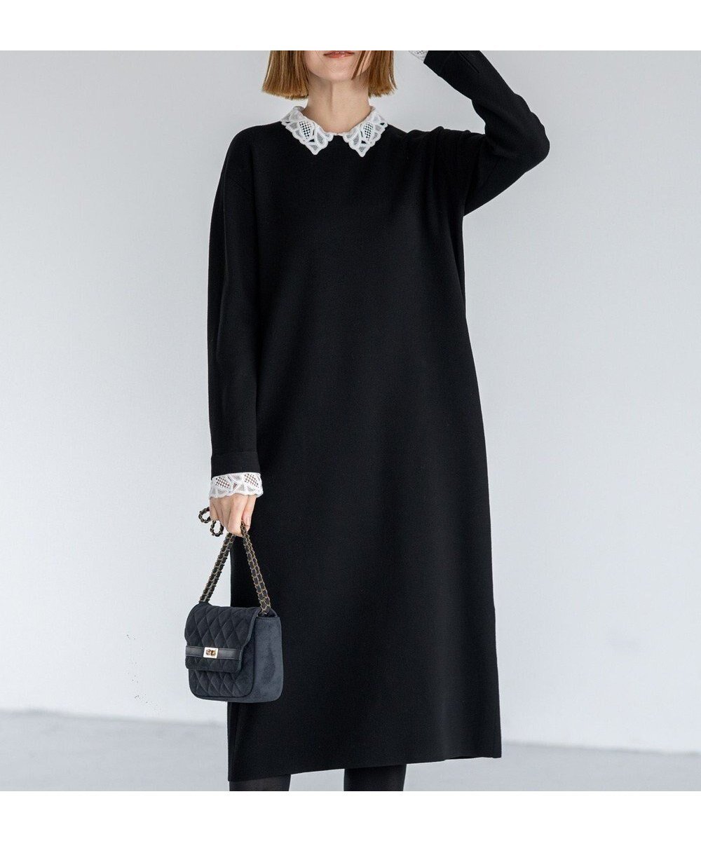 【23区/NIJYUSANKU】の【洗える/吊り干しOK】ヴィスコースストレッチ レース襟 ワンピース インテリア・キッズ・メンズ・レディースファッション・服の通販 founy(ファニー) 　ファッション　Fashion　レディースファッション　Fashion for Women　ワンピース　Dresses　ニットワンピース　Knit Dresses　春　Spring　洗える　Machine Washable　カフス　Cuff Design　ストレッチ　Stretch, Stretchy Fabric　人気　Popular, Best Seller　長袖　Long Sleeve, Full Sleeve　ポケット　Pocket, Pocket Detail　レース　Lace, Lace Fabric　A/W・秋冬　Autumn/Winter　冬　Winter / This Winter　2025年　2025　2025-2026秋冬・A/W　Autumn/Winter 2025–26 AW25–26　ブラック系|ID: prp329100004769340 ipo3291000000034922709