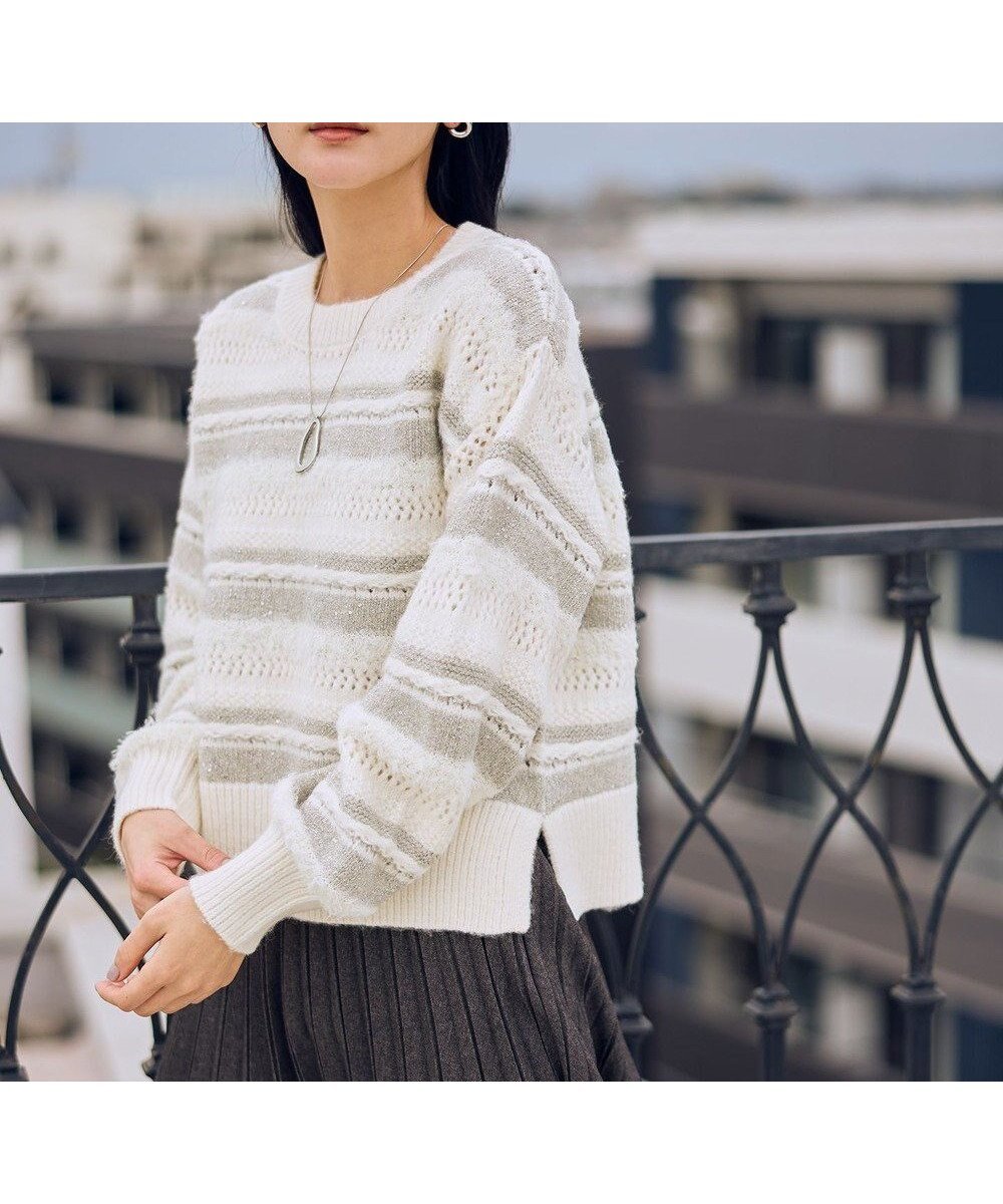 【エニー/ANY】のパターンボーダーニット インテリア・キッズ・メンズ・レディースファッション・服の通販 founy(ファニー) 　ファッション　Fashion　レディースファッション　Fashion for Women　トップス・カットソー　Cut & Sew Tops　ニット　Knit Tops & Sweaters　洗える　Machine Washable　コンパクト　Compact, Small Size　シンプル　Simple, Minimal　スパンコール　Sequins, Sequin Embellishment　セーター　Sweater, Knitwear　バランス　Balance, Style Balance　フェザー　Feather, Feather Detail　ボーダー　Border, Stripe　ワイド　Wide, Wide Fit　冬　Winter / This Winter　A/W・秋冬　Autumn/Winter　おすすめ　Recommended / Our Picks　ホリデーシーズン　Holiday Season　エクリュ系|ID: prp329100004769357 ipo3291000000034544893