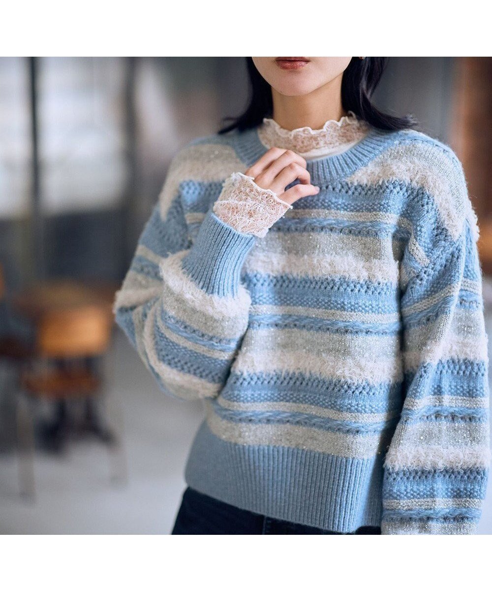 【エニー/ANY】のパターンボーダーニット インテリア・キッズ・メンズ・レディースファッション・服の通販 founy(ファニー) 　ファッション　Fashion　レディースファッション　Fashion for Women　トップス・カットソー　Cut & Sew Tops　ニット　Knit Tops & Sweaters　洗える　Machine Washable　コンパクト　Compact, Small Size　シンプル　Simple, Minimal　スパンコール　Sequins, Sequin Embellishment　セーター　Sweater, Knitwear　バランス　Balance, Style Balance　フェザー　Feather, Feather Detail　ボーダー　Border, Stripe　ワイド　Wide, Wide Fit　冬　Winter / This Winter　A/W・秋冬　Autumn/Winter　おすすめ　Recommended / Our Picks　ホリデーシーズン　Holiday Season　ライトブルー系|ID: prp329100004769357 ipo3291000000034544894