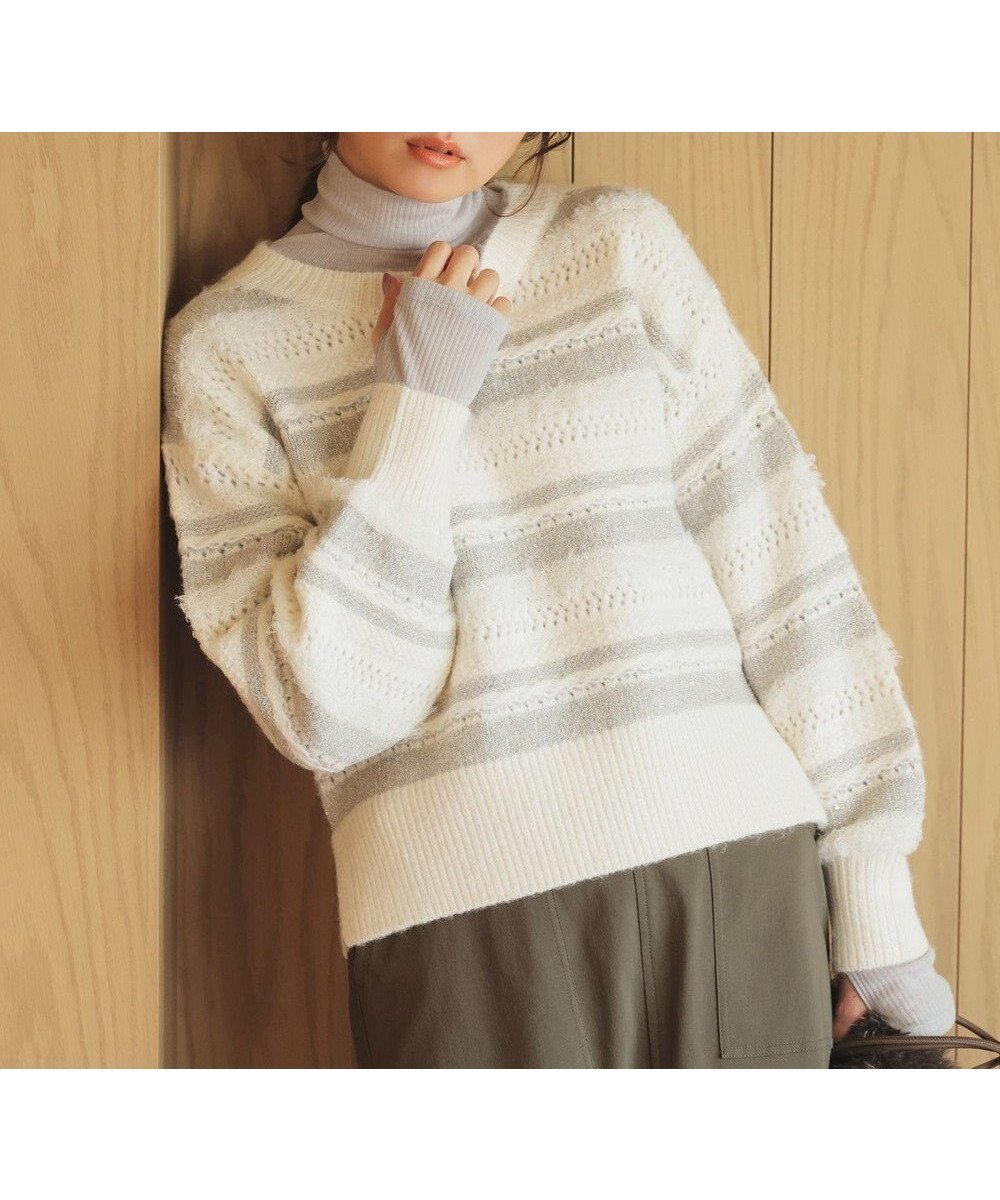 【エニー/ANY】のパターンボーダーニット インテリア・キッズ・メンズ・レディースファッション・服の通販 founy(ファニー) 　ファッション　Fashion　レディースファッション　Fashion for Women　トップス・カットソー　Cut & Sew Tops　ニット　Knit Tops & Sweaters　洗える　Machine Washable　コンパクト　Compact, Small Size　シンプル　Simple, Minimal　スパンコール　Sequins, Sequin Embellishment　セーター　Sweater, Knitwear　バランス　Balance, Style Balance　フェザー　Feather, Feather Detail　ボーダー　Border, Stripe　ワイド　Wide, Wide Fit　冬　Winter / This Winter　A/W・秋冬　Autumn/Winter　おすすめ　Recommended / Our Picks　ホリデーシーズン　Holiday Season　エクリュ系|ID: prp329100004769357 ipo3291000000034640261