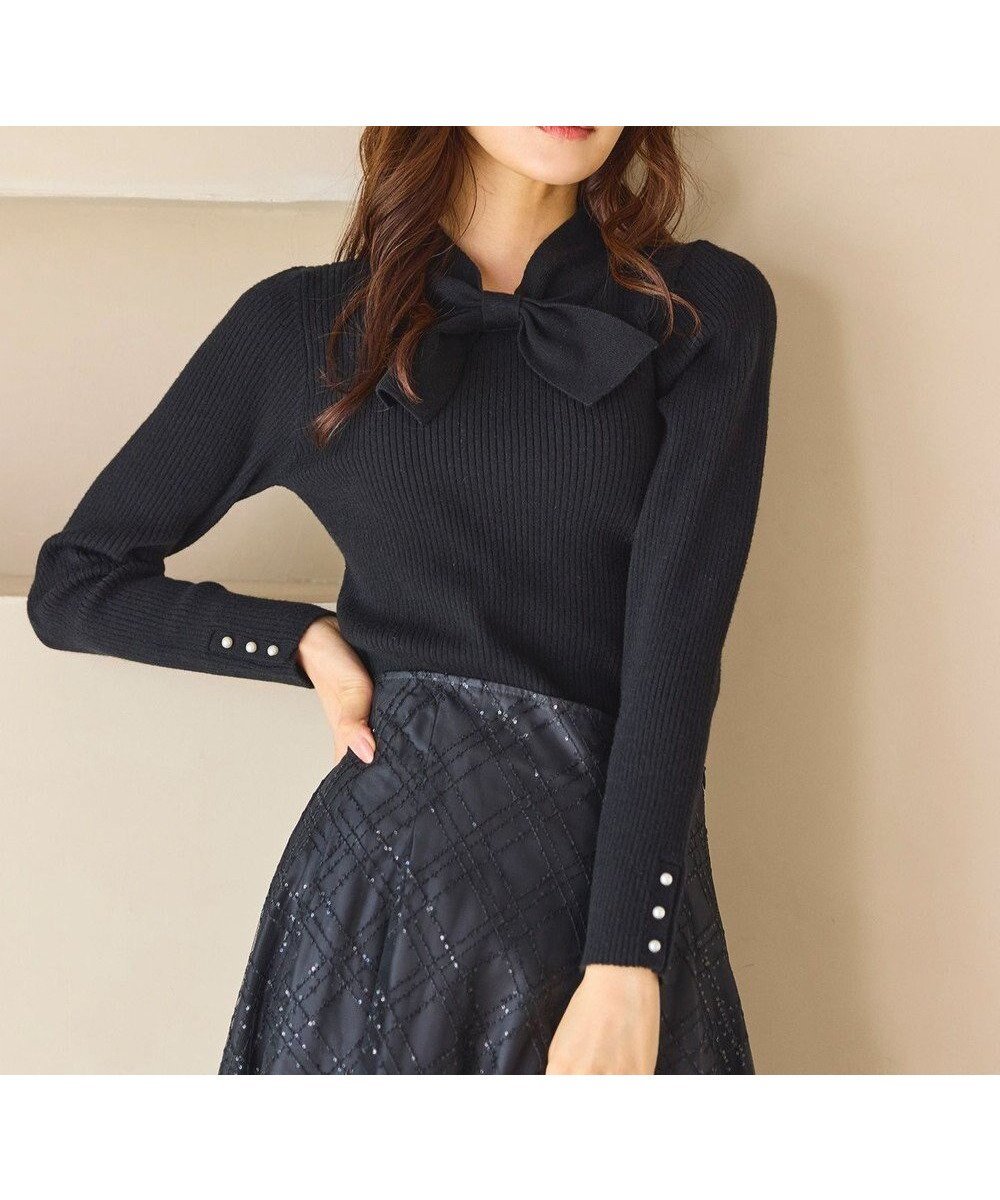 【フェルゥ/Feroux】の【先行予約】リボンタイリブ ニット インテリア・キッズ・メンズ・レディースファッション・服の通販 founy(ファニー) 　ファッション　Fashion　レディースファッション　Fashion for Women　トップス・カットソー　Cut & Sew Tops　ニット　Knit Tops & Sweaters　インナー　Innerwear　シンプル　Simple, Minimal　ジャケット　Jacket, Outerwear　セーター　Sweater, Knitwear　バランス　Balance, Style Balance　パール　Pearl, Pearl Accent　フィット　Fit, Slim Fit　フェミニン　Feminine, Girly　ボトム　Bottoms, Lower Wear　リブニット　Rib Knit, Ribbed Knit　リボン　Ribbon, Bow　ロング　Long, Long-Length　A/W・秋冬　Autumn/Winter　エレガント 上品　Elegant　ブラック系|ID: prp329100004769358 ipo3291000000034544896