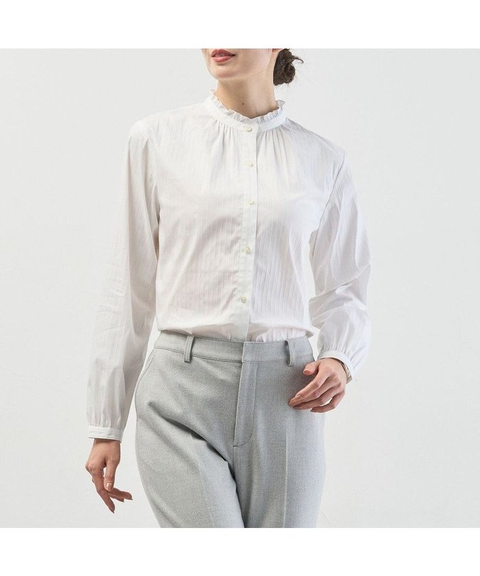 【ジェイ プレス/J.PRESS】のBEZコットンナイロン ストライプ フリル襟 ブラウス インテリア・キッズ・メンズ・レディースファッション・服の通販 founy(ファニー) https://founy.com/ ファッション Fashion レディースファッション Fashion for Women トップス・カットソー Cut & Sew Tops シャツ・ブラウス・オフィスカジュアル Elegant Blouses & Button-Ups 春 Spring ギャザー Gathered, Ruffled ジャケット Jacket, Outerwear ストライプ Stripe, Striped Pattern ストレッチ Stretch, Stretchy Fabric スーツ Suit, Formalwear デニム Denim, Jeans Material バランス Balance, Style Balance フリル Frill, Ruffle A/W・秋冬 Autumn/Winter S/S・春夏 SS, Spring/Summer, Warm Season 夏 Summer エレガント 上品 Elegant ビジネス 仕事 通勤 Business / Work / Commuting |ID: prp329100004769371 ipo3291000000034544938