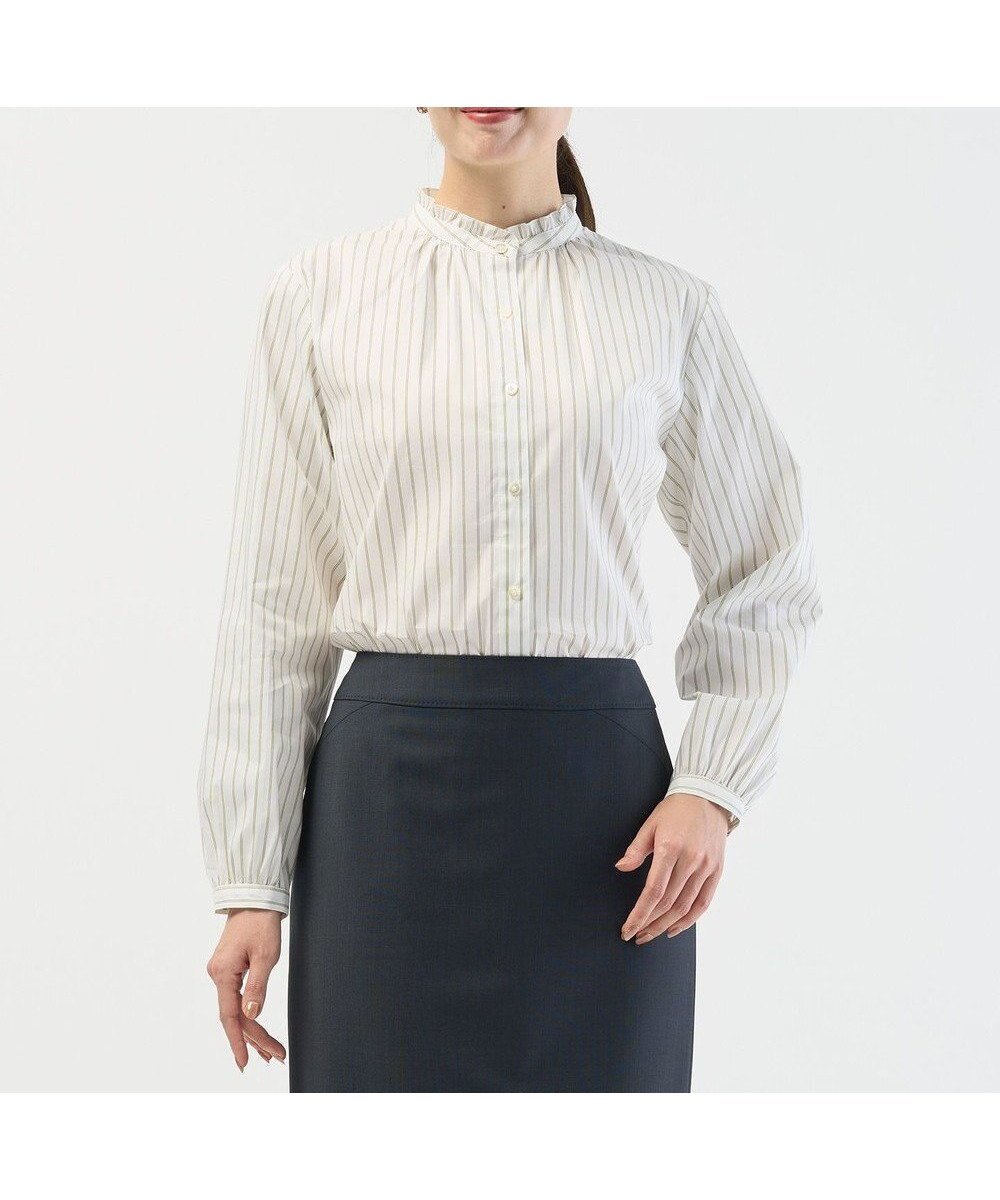 【ジェイ プレス/J.PRESS】のBEZコットンナイロン ストライプ フリル襟 ブラウス インテリア・キッズ・メンズ・レディースファッション・服の通販 founy(ファニー) 　ファッション　Fashion　レディースファッション　Fashion for Women　トップス・カットソー　Cut & Sew Tops　シャツ・ブラウス・オフィスカジュアル　Elegant Blouses & Button-Ups　春　Spring　ギャザー　Gathered, Ruffled　ジャケット　Jacket, Outerwear　ストライプ　Stripe, Striped Pattern　ストレッチ　Stretch, Stretchy Fabric　スーツ　Suit, Formalwear　デニム　Denim, Jeans Material　バランス　Balance, Style Balance　フリル　Frill, Ruffle　A/W・秋冬　Autumn/Winter　S/S・春夏　SS, Spring/Summer, Warm Season　夏　Summer　エレガント 上品　Elegant　ビジネス 仕事 通勤　Business / Work / Commuting　ホワイト×ライム×グレー系|ID: prp329100004769371 ipo3291000000034617543