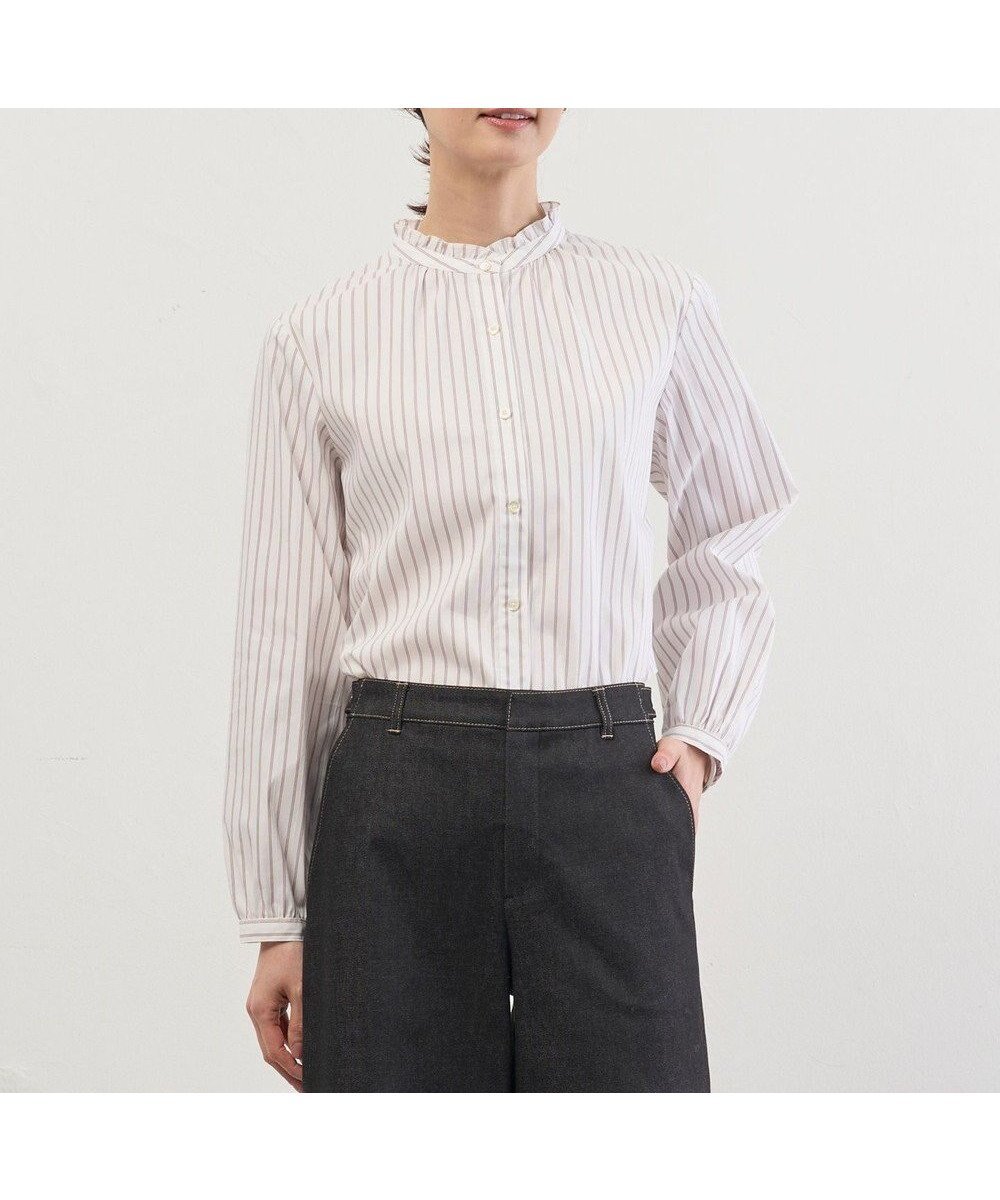 【ジェイ プレス/J.PRESS】のBEZコットンナイロン ストライプ フリル襟 ブラウス インテリア・キッズ・メンズ・レディースファッション・服の通販 founy(ファニー) 　ファッション　Fashion　レディースファッション　Fashion for Women　トップス・カットソー　Cut & Sew Tops　シャツ・ブラウス・オフィスカジュアル　Elegant Blouses & Button-Ups　春　Spring　ギャザー　Gathered, Ruffled　ジャケット　Jacket, Outerwear　ストライプ　Stripe, Striped Pattern　ストレッチ　Stretch, Stretchy Fabric　スーツ　Suit, Formalwear　デニム　Denim, Jeans Material　バランス　Balance, Style Balance　フリル　Frill, Ruffle　A/W・秋冬　Autumn/Winter　S/S・春夏　SS, Spring/Summer, Warm Season　夏　Summer　エレガント 上品　Elegant　ビジネス 仕事 通勤　Business / Work / Commuting　ホワイト×ピンク×ネイビー系|ID: prp329100004769371 ipo3291000000034736176