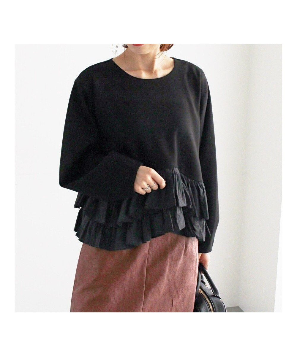 【テチチ/Te chichi】のティアードフリルヘムプルオーバー インテリア・キッズ・メンズ・レディースファッション・服の通販 founy(ファニー) 　ファッション　Fashion　レディースファッション　Fashion for Women　トップス・カットソー　Cut & Sew Tops　シャツ・ブラウス・オフィスカジュアル　Elegant Blouses & Button-Ups　ロングTシャツ・Tシャツ　Longline T-Shirts & Tees　カジュアルプルオーバー・ニットトップス　Pullovers & Knit Tops / Casual Pullovers　カットソー・ベーシックTシャツ　Cut-and-Sewn Tops / Stretch Tees & Basics　カットソー　Cut and Sewn Top　シンプル　Simple, Minimal　デニム　Denim, Jeans Material　夏　Summer　S/S・春夏　SS, Spring/Summer, Warm Season　A/W・秋冬　Autumn/Winter　ブラック|ID: prp329100004771285 ipo3291000000034566287