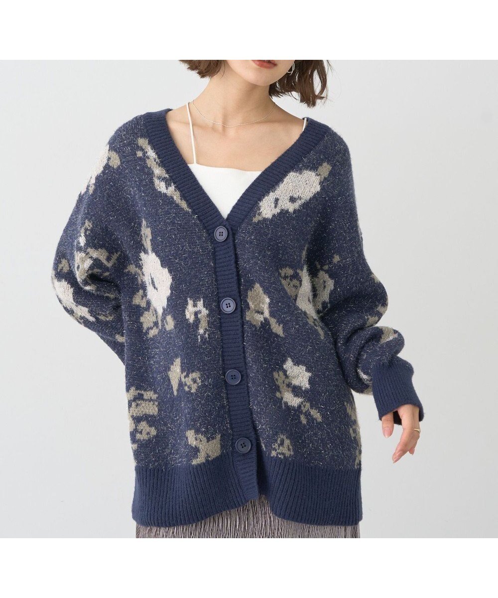【アースミュージックアンドエコロジー/earth music&ecology】のフラワージャガードラメシャギーカーディガン インテリア・キッズ・メンズ・レディースファッション・服の通販 founy(ファニー) 　ファッション　Fashion　レディースファッション　Fashion for Women　トップス・カットソー　Cut & Sew Tops　カーディガン・羽織り　Layered Style Cardigans　カーディガン　Cardigan, Knitwear　ジャカード／ジャガード　Jacquard, Woven Pattern　フラワー　Flower, Floral　フロント　Front, Front Design　ポケット　Pocket, Pocket Detail　モチーフ　Motif, Design Theme　A/W・秋冬　Autumn/Winter　Navy|ID: prp329100004772995 ipo3291000000034584752