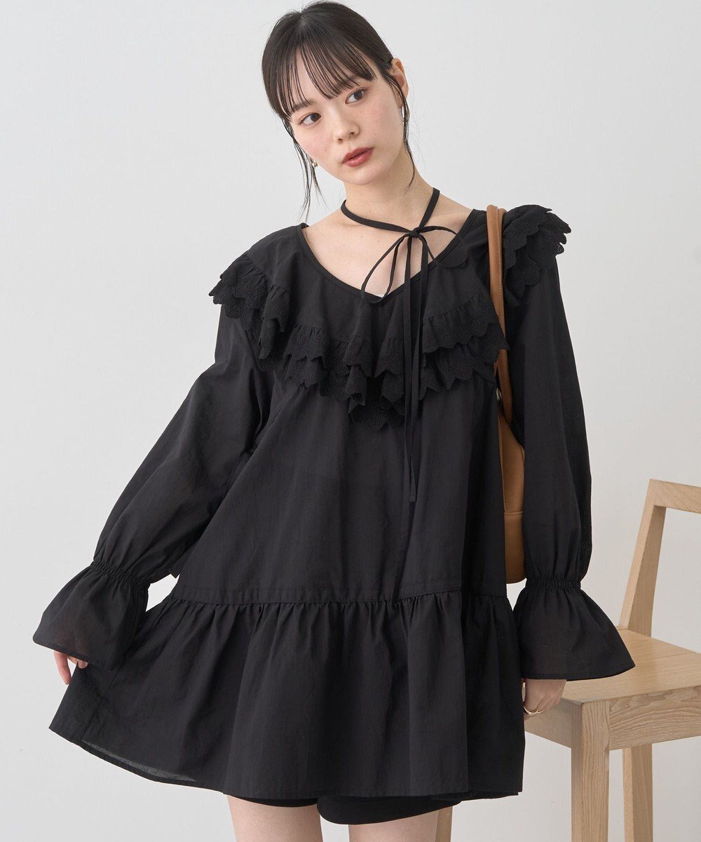 【アースミュージックアンドエコロジー/earth music&ecology】の【綿100%】サイドリボンラッフルミニワンピース インテリア・キッズ・メンズ・レディースファッション・服の通販 founy(ファニー) 　ファッション　Fashion　レディースファッション　Fashion for Women　ワンピース　Dresses　おすすめ　Recommended / Our Picks　スカラップ　Scallop, Scalloped Edge　フェミニン　Feminine, Girly　ポケット　Pocket, Pocket Detail　リボン　Ribbon, Bow　レース　Lace, Lace Fabric　ロング　Long, Long-Length　A/W・秋冬　Autumn/Winter　Black|ID: prp329100004773003 ipo3291000000034584797