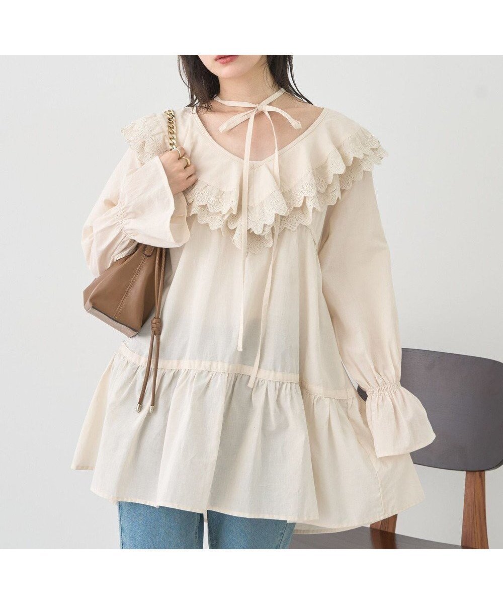 【アースミュージックアンドエコロジー/earth music&ecology】の【綿100%】サイドリボンラッフルミニワンピース インテリア・キッズ・メンズ・レディースファッション・服の通販 founy(ファニー) 　ファッション　Fashion　レディースファッション　Fashion for Women　ワンピース　Dresses　おすすめ　Recommended / Our Picks　スカラップ　Scallop, Scalloped Edge　フェミニン　Feminine, Girly　ポケット　Pocket, Pocket Detail　リボン　Ribbon, Bow　レース　Lace, Lace Fabric　ロング　Long, Long-Length　A/W・秋冬　Autumn/Winter　Ecru|ID: prp329100004773003 ipo3291000000034584798