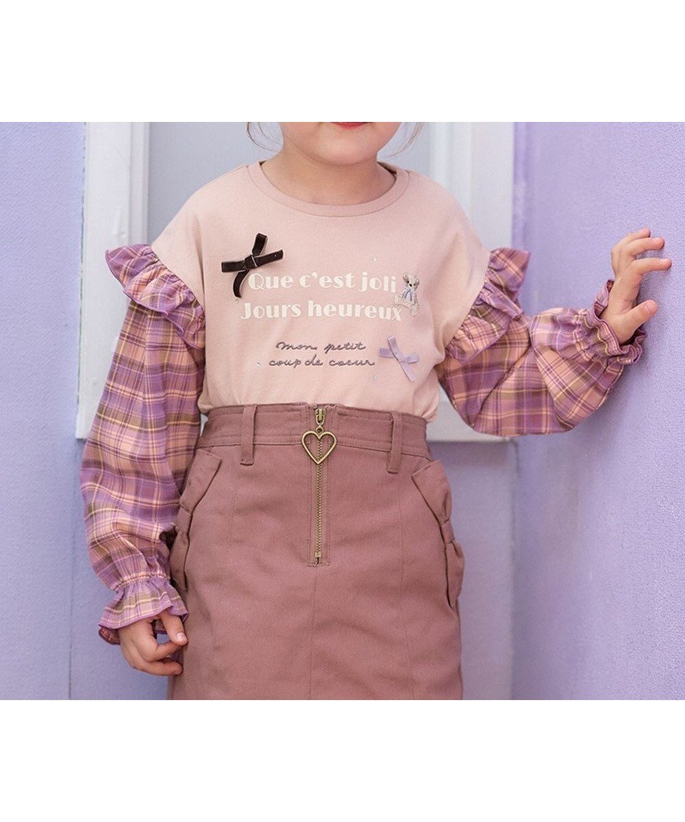 【エニィ/ANY / KIDS】のチェック袖 ドッキング プルオーバー インテリア・キッズ・メンズ・レディースファッション・服の通販 founy(ファニー) 　ファッション　Fashion　キッズファッション　Fashion for Kids　トップス・カットソー　Cut & Sew Tops　カットソー　Cut and Sewn Top　ストーン　Stone, Gem-Like　チェック　Check, Plaid, Tartan　ドッキング　Docking, Mixed Material　フリル　Frill, Ruffle　ポケット　Pocket, Pocket Detail　リボン　Ribbon, Bow　秋　Autumn　A/W・秋冬　Autumn/Winter　ピンク|ID: prp329100004773659 ipo3291000000034594889