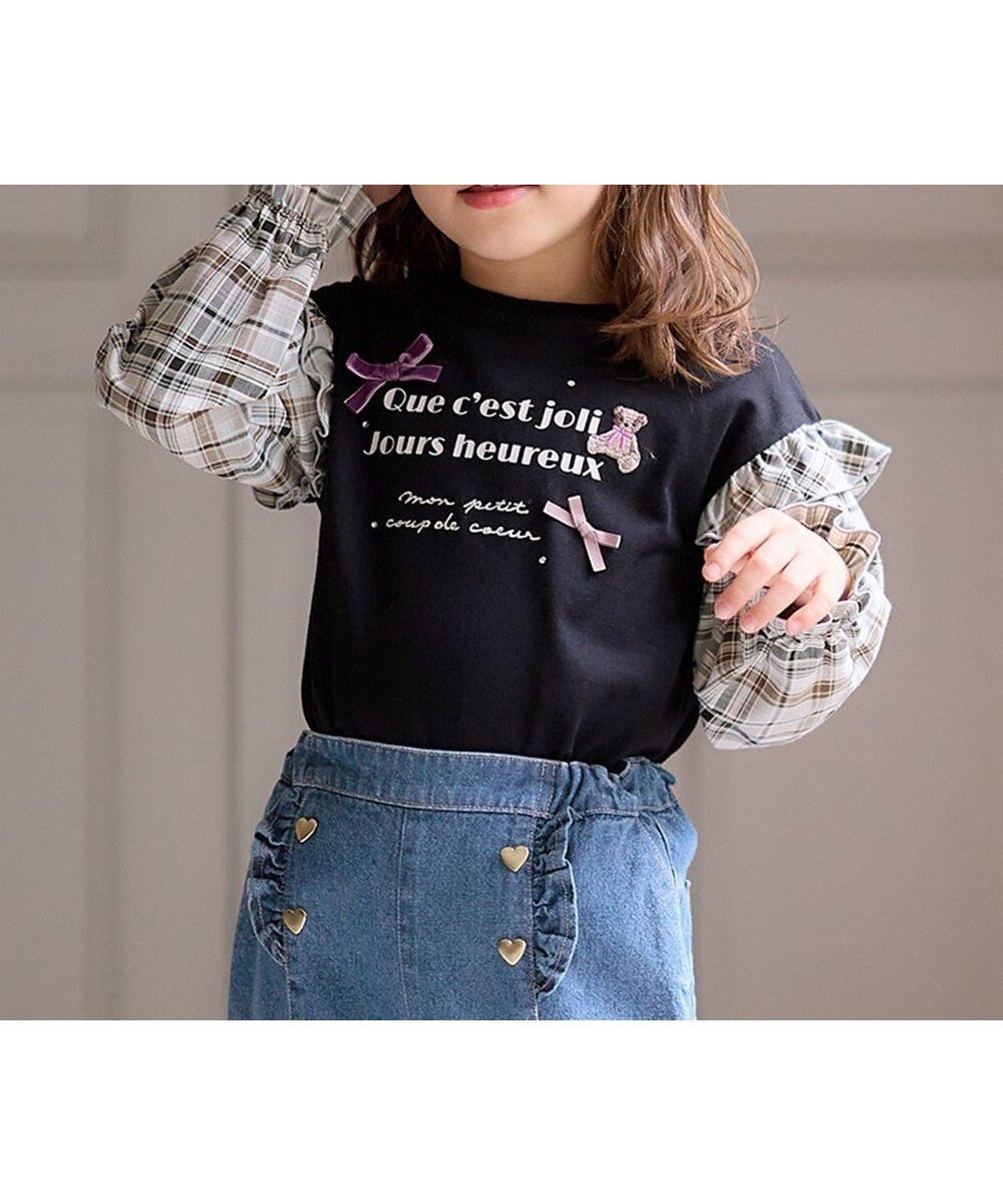 【エニィ/ANY / KIDS】のチェック袖 ドッキング プルオーバー インテリア・キッズ・メンズ・レディースファッション・服の通販 founy(ファニー) 　ファッション　Fashion　キッズファッション　Fashion for Kids　トップス・カットソー　Cut & Sew Tops　カットソー　Cut and Sewn Top　ストーン　Stone, Gem-Like　チェック　Check, Plaid, Tartan　ドッキング　Docking, Mixed Material　フリル　Frill, Ruffle　ポケット　Pocket, Pocket Detail　リボン　Ribbon, Bow　秋　Autumn　A/W・秋冬　Autumn/Winter　ブラック|ID: prp329100004773659 ipo3291000000034594890