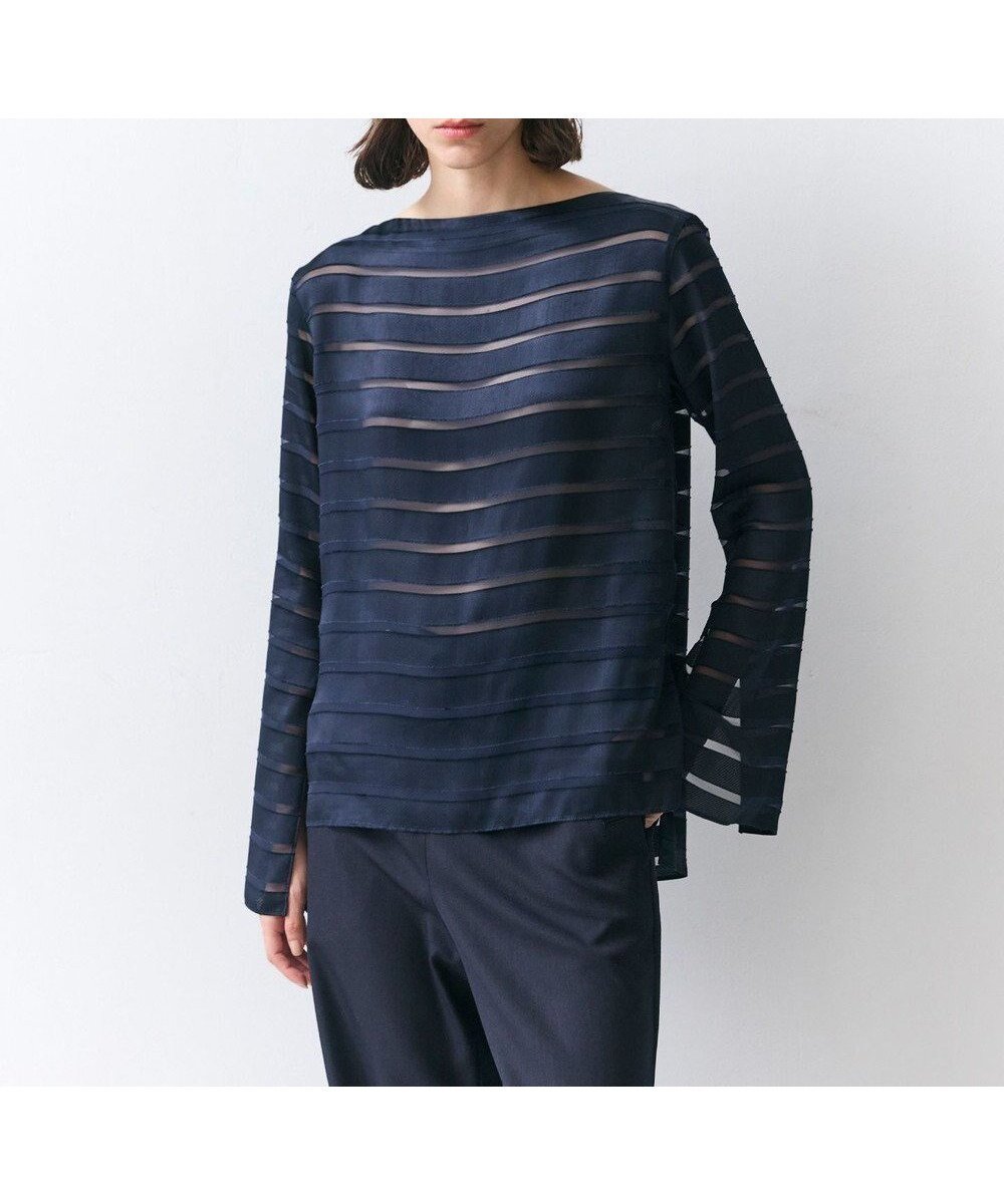 【ベイジ,/BEIGE,】のHAUYNITE / ボーダーシアー ボートネックブラウス インテリア・キッズ・メンズ・レディースファッション・服の通販 founy(ファニー) 　ファッション　Fashion　レディースファッション　Fashion for Women　トップス・カットソー　Cut & Sew Tops　シャツ・ブラウス・オフィスカジュアル　Elegant Blouses & Button-Ups　サテン　Satin, Glossy Fabric　シンプル　Simple, Minimal　スリット　Slit, Slit Detail　デニム　Denim, Jeans Material　プリント　Print, Printed Pattern　ボーダー　Border, Stripe　夏　Summer　春　Spring　S/S・春夏　SS, Spring/Summer, Warm Season　A/W・秋冬　Autumn/Winter　Navy|ID: prp329100004775591 ipo3291000000035775630