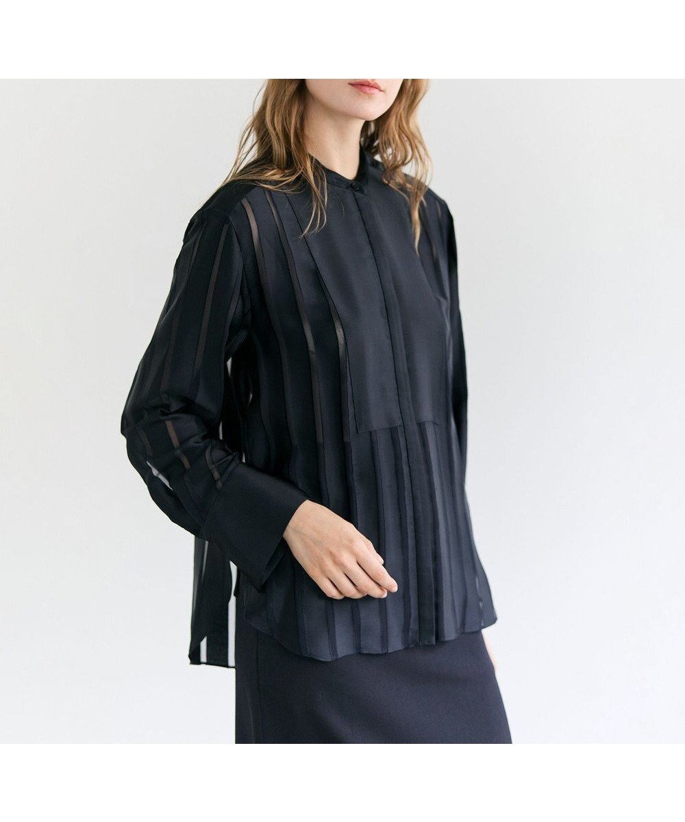 【ベイジ,/BEIGE,】のHAUYNITE / シアーストライプバンドカラーブラウス インテリア・キッズ・メンズ・レディースファッション・服の通販 founy(ファニー) 　ファッション　Fashion　レディースファッション　Fashion for Women　トップス・カットソー　Cut & Sew Tops　シャツ・ブラウス・オフィスカジュアル　Elegant Blouses & Button-Ups　カフス　Cuff Design　クラシカル　Classical, Vintage-Inspired　サテン　Satin, Glossy Fabric　シンプル　Simple, Minimal　ジャケット　Jacket, Outerwear　ストライプ　Stripe, Striped Pattern　プリント　Print, Printed Pattern　ラウンド　Round, Round Neck　エレガント 上品　Elegant　夏　Summer　春　Spring　S/S・春夏　SS, Spring/Summer, Warm Season　無地　Plain, Solid Color　A/W・秋冬　Autumn/Winter　Navy|ID: prp329100004775592 ipo3291000000034616936