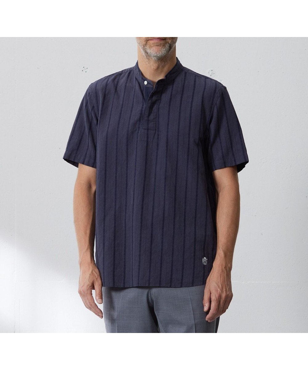 【ジェイ プレス/J.PRESS / MEN】の【HYBRID LINEN】ドビーストライプ バンドカラーラガーシャツ インテリア・キッズ・メンズ・レディースファッション・服の通販 founy(ファニー) 　ファッション　Fashion　メンズファッション　Fashion for Men　トップス・カットソー　Cut & Sew Tops　メンズシャツ　Shirts　春　Spring　吸水　Absorbent, Quick-Dry　ショート　Short, Short Length　定番　Standard, Basic Item　フロント　Front, Front Design　リネン　Linen, Linen Fabric　リラックス　Relax, Relaxed Fit　S/S・春夏　SS, Spring/Summer, Warm Season　夏　Summer　ネイビー系|ID: prp329100004776650 ipo3291000000034628552